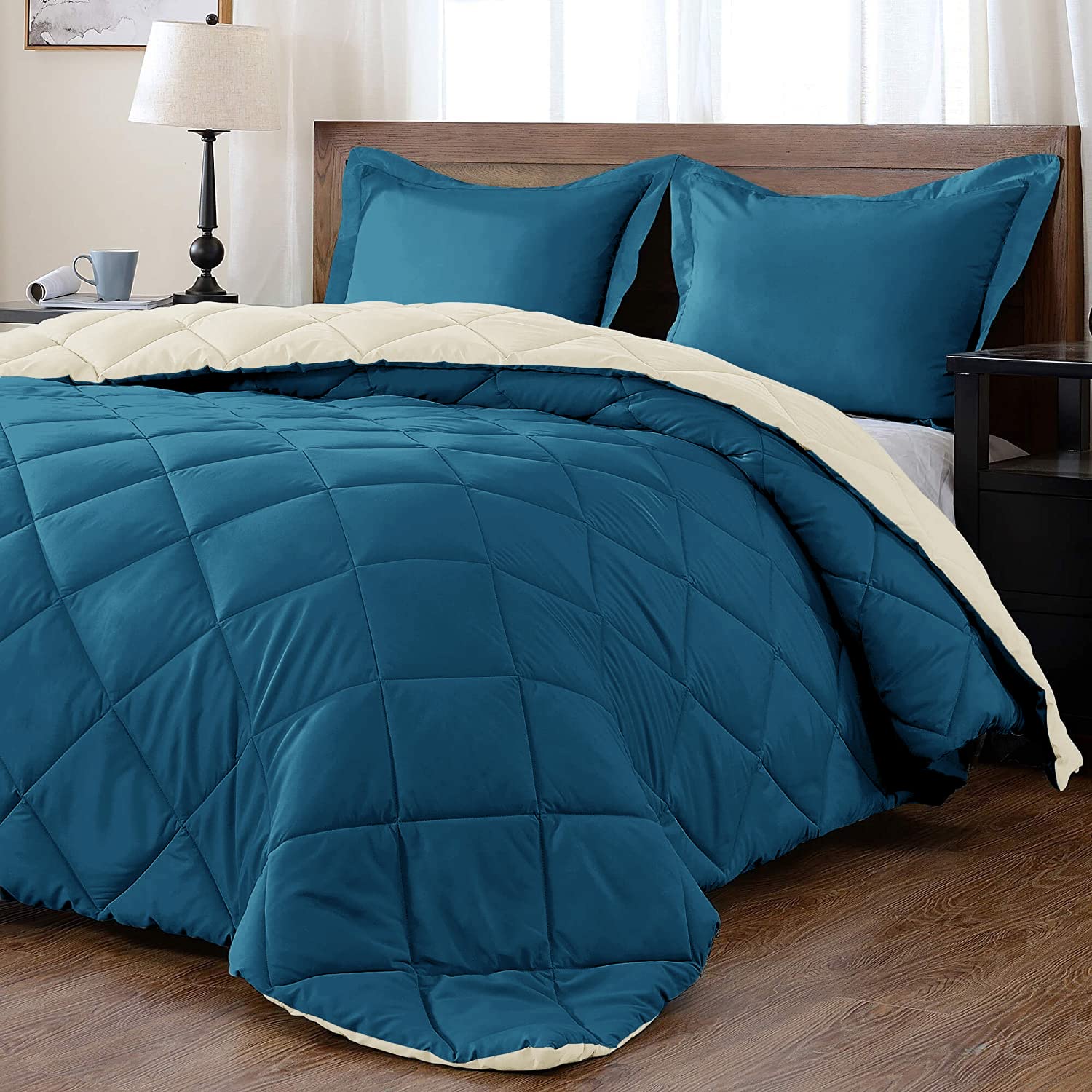 downluxe King Size Comforter Set - Teal Blue and White King 