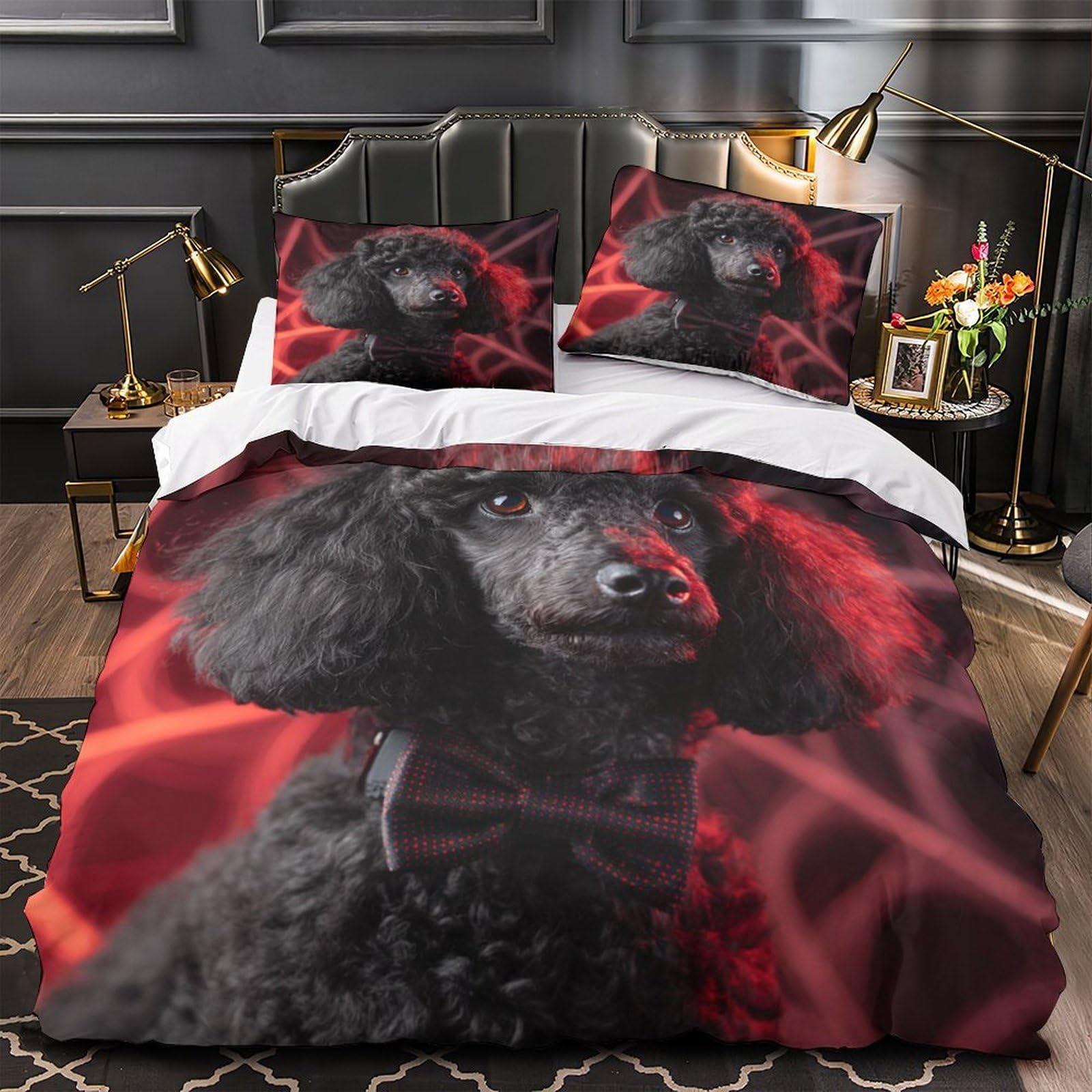 Housse de couette caniche noir 135x200 parure de lit 1 personne