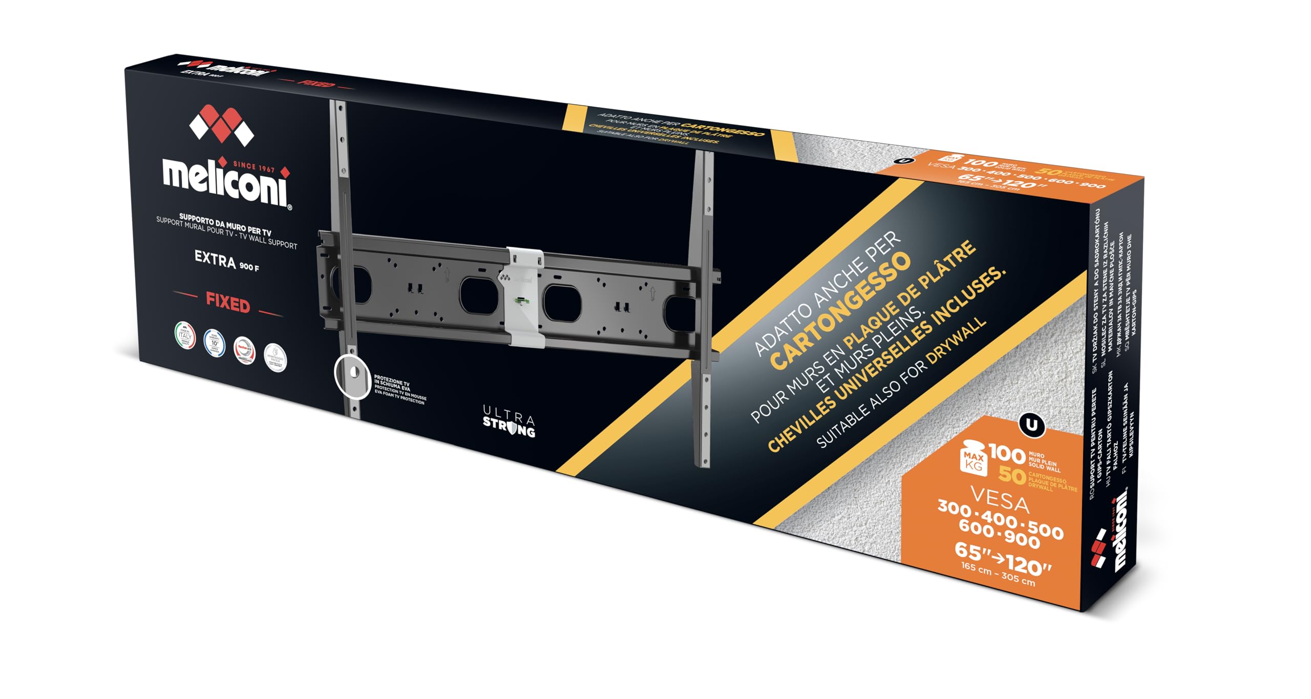Meliconi, Slimstyle Extra 900F, Support TV Mural 65''-120'', Fixe, VESA 300-400-500-600-900, capacité maximale 100 kg, Convient également pour Les Murs en plaques de plâtre, fabriqué en Italie