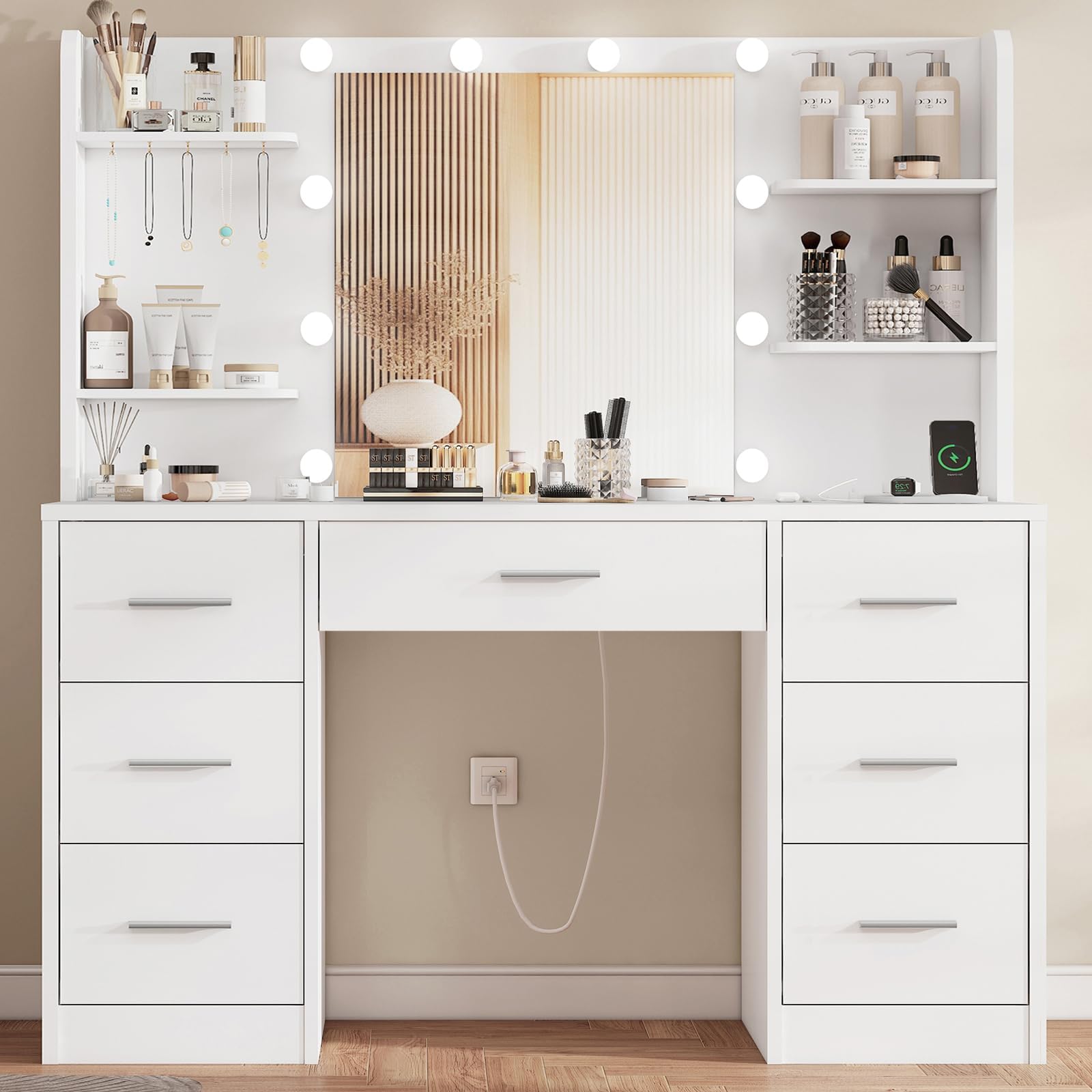 Vanity Desk with LED Light Mirror & Power Outlet, 3 Adjustable Light Color, Makeup Vanity with 7 Drawers, 4 Shelves, 5 Jewel Hooks, White Vanity for Bedroom, White