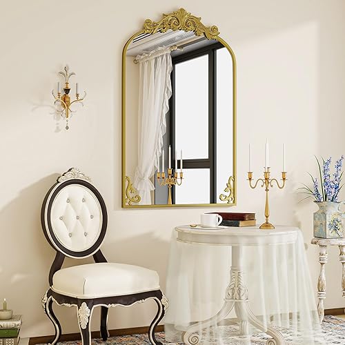 Miniatura 9 de VooBang Espejo de baño vintage arqueado de 26 x 38 pulgadas, magnífico espejo de tocador de pared con hermoso marco retro de proceso de grabado