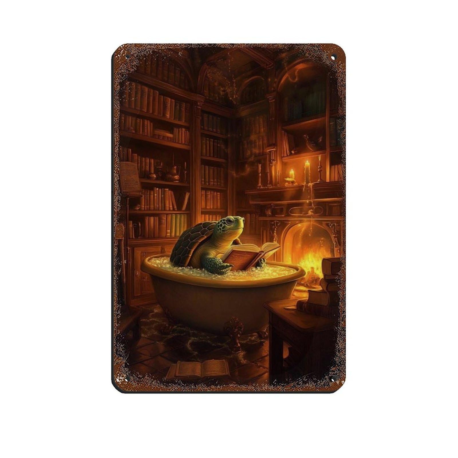 Lxwnze 20L X 30W Cm Enchanted Turtle Reading Art Retro Poster Metal Tin Sign Chic Art Retro Iron Painting Bar People Cave Cafe Family Garage Poster Wall Decoration 8X12inch(20X30cm)
