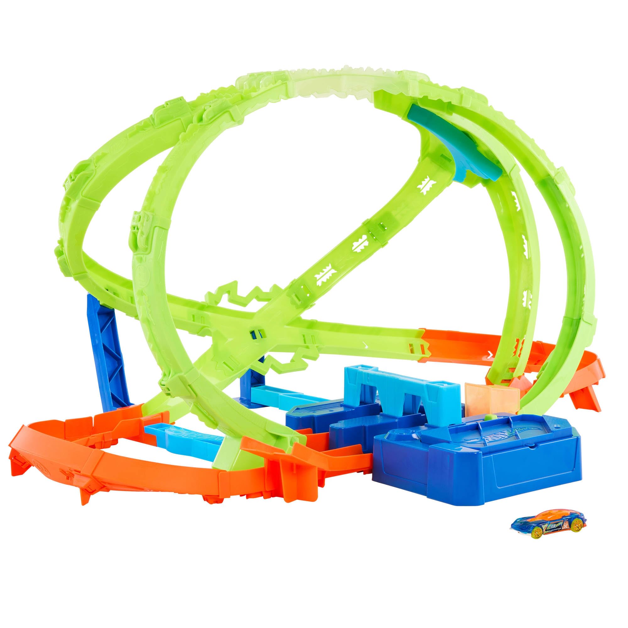 Hot Wheels Stunt Tracks Scontri nell'Ipersfera Set scontri e macchinina | Lanciatore motorizzato lancia il veicolo scala 1:64 in un loop rovesciato, 2 zone di scontro, Speed Snap Track, JTC74