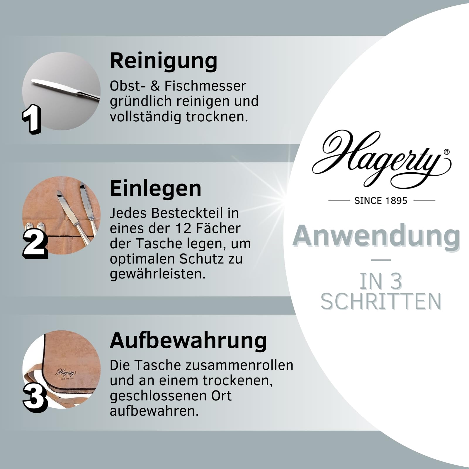 Hagerty Silver Guard Cutlery Roll Bestecktasche für Silber und Versilbertes 43,5 x 45 cm Silberbesteck-Aufbewahrung mit Anlaufschutz Besteckhalter für Obst- & Fischmesser mit 12 Fächern A119006