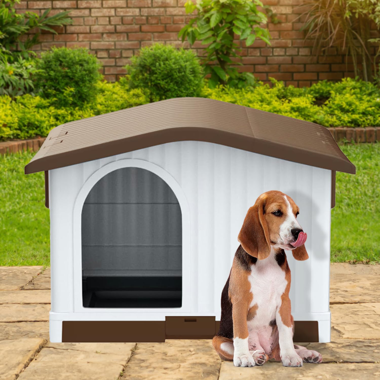 Aqpet Cuccia Casetta per Cani in Plastica per Esterno Interno Casa Giardino, con Pavimento Rialzato e tetto sollevabile, per Cani Taglia piccola/media 87 x 74 x 61 H, Marrone