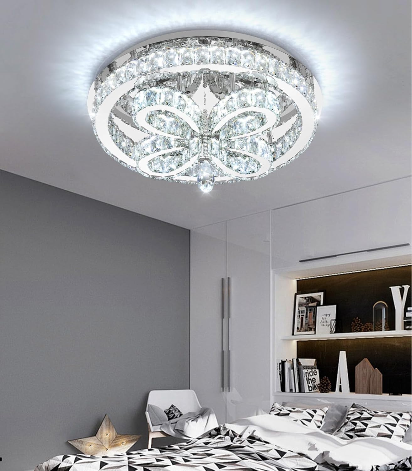 Modern Crystal Chandelier LED 2-Tier Flush Mount Ceiling Lighting Dimmable Pendant Light for Living Room Bedroom Dining Room Entryway Hallway