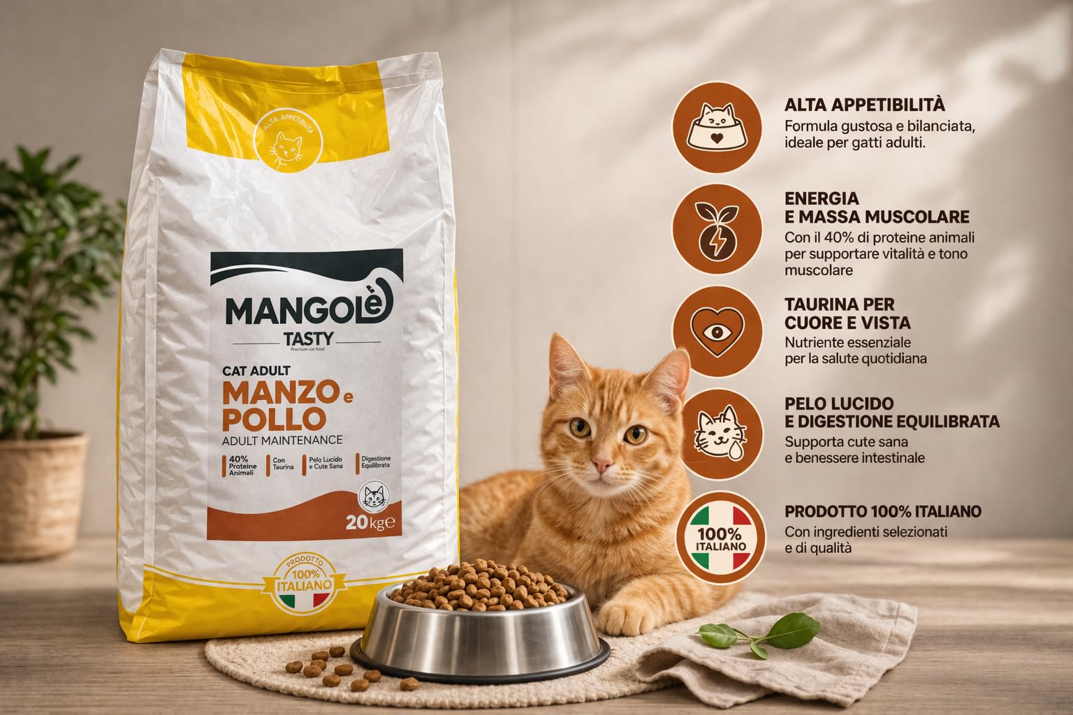 Mangolè Tasty Cat Adult Manzo Pollo 20 kg Croccantini per Gatti Adulti Alimento Completo con Taurina e Proteine Animali 27% Made in Italy