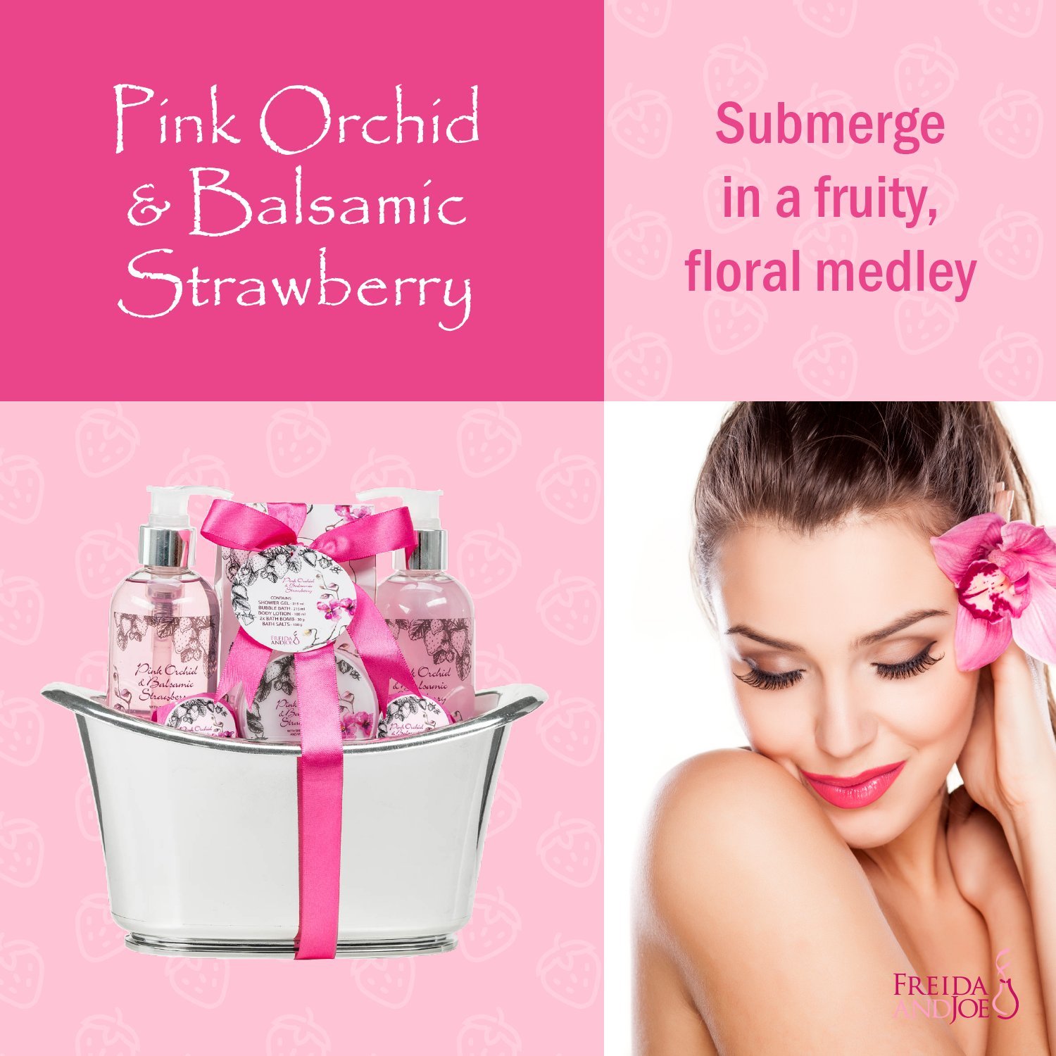 Aromatherapy Essentials Spa Set for Women in Large Silver Tub. Bath Set Includes 2 Bath Bombs, Body Lotion, etc (Pink Orchid and Balsamic Strawberry) – Mother's Day Gift for Mom