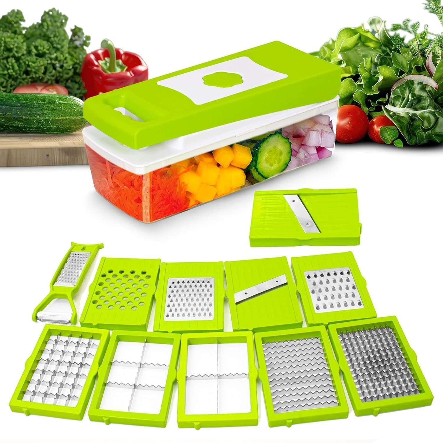 Multipurpose Chopper, 13 in 1 Fruits & Vegetable Cutters, Grater Peeler Chipser, Unbreakable Food Grade Body, Easy Push to Clean Button Slicer Dicer, Chopper for Kitchen (Green, Plastic)-image-7