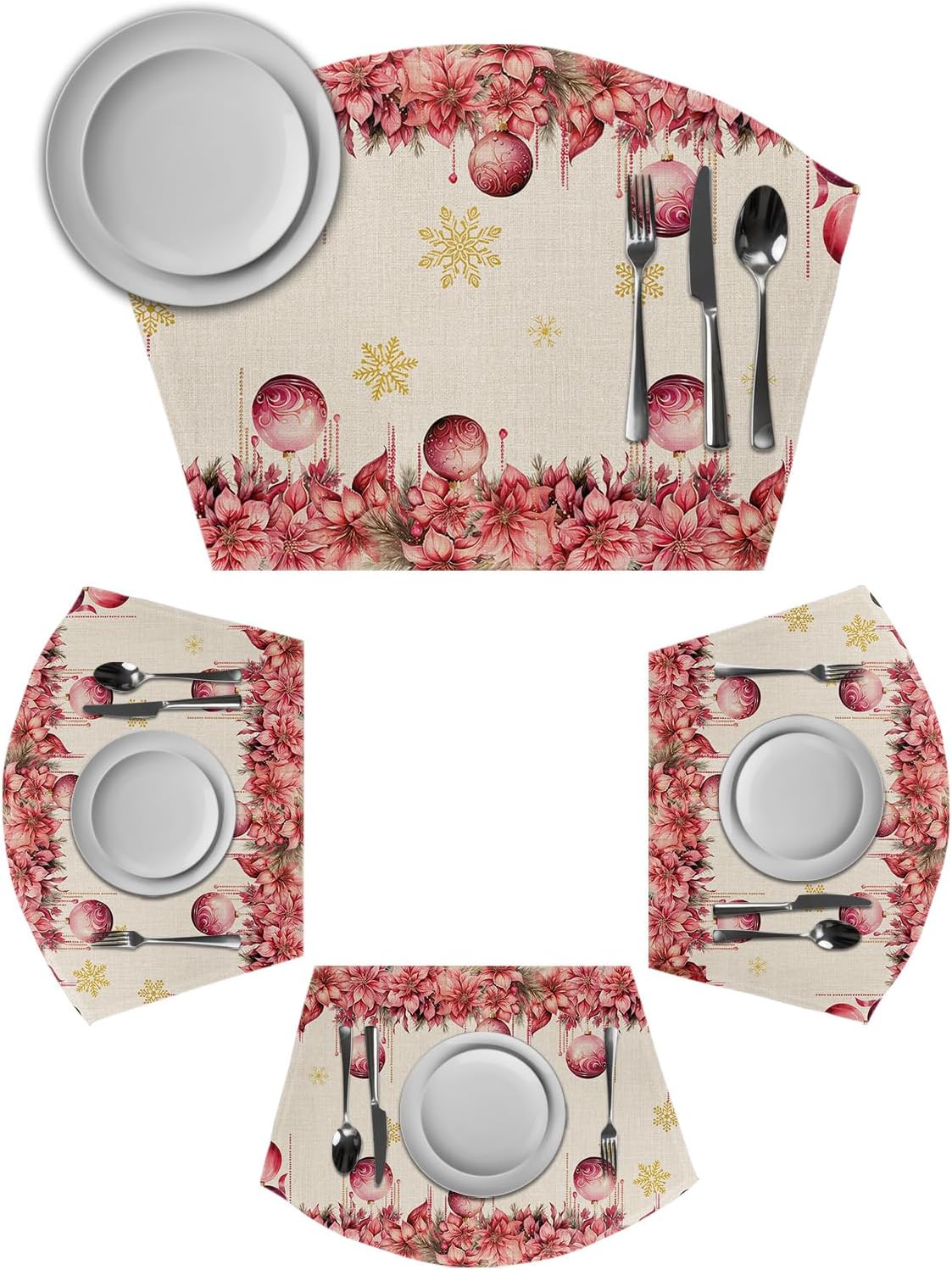 Round Placemats Set of 4, Pink Poinsettia Placemats for