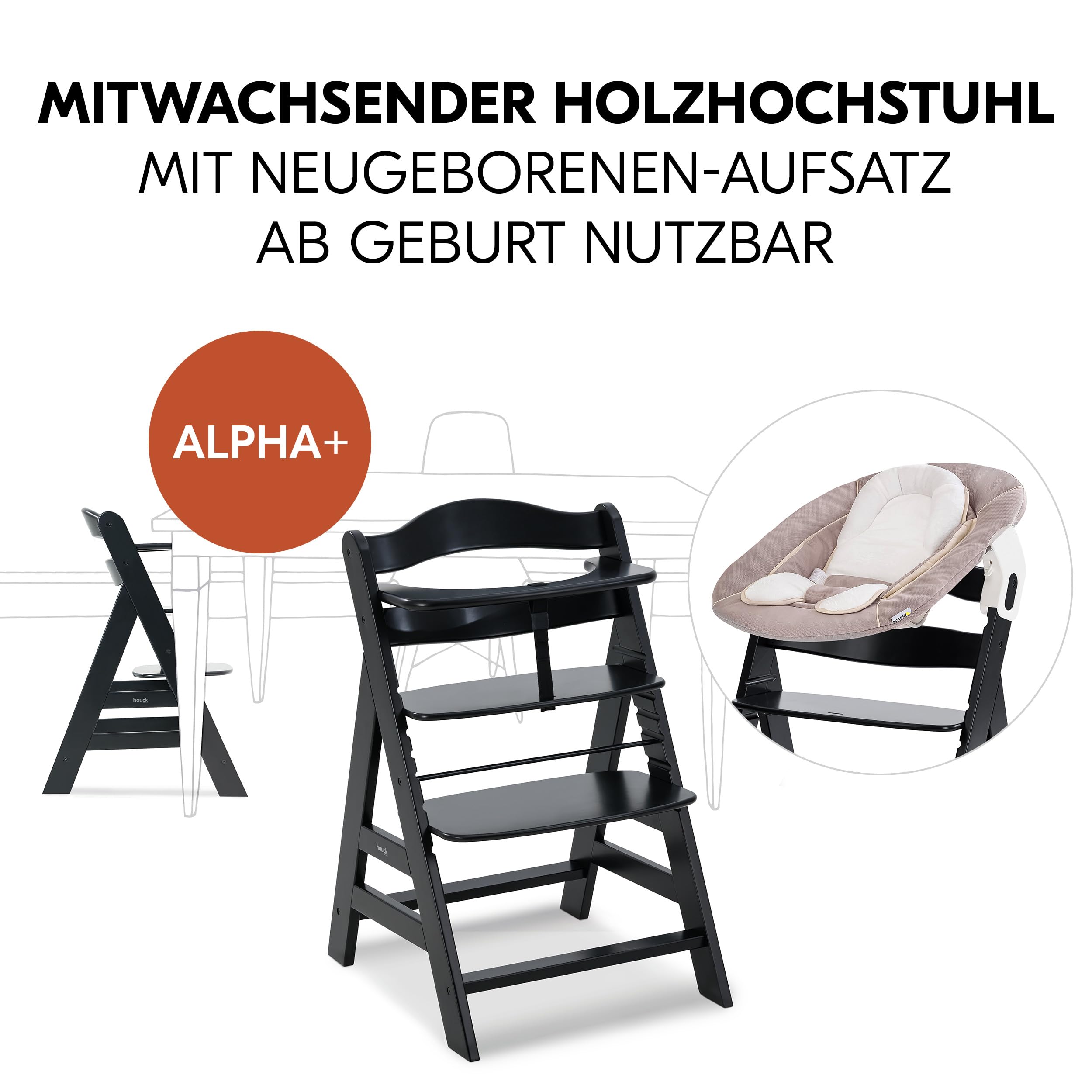 hauck Alpha+ Hochstuhl Newborn Set mit 2in1 Bouncer - Schwarz | Mitwachsender Holz Kinderhochstuhl ab Geburt bis 90 kg | inkl. Neugeborenenaufsatz & Sitzkissen