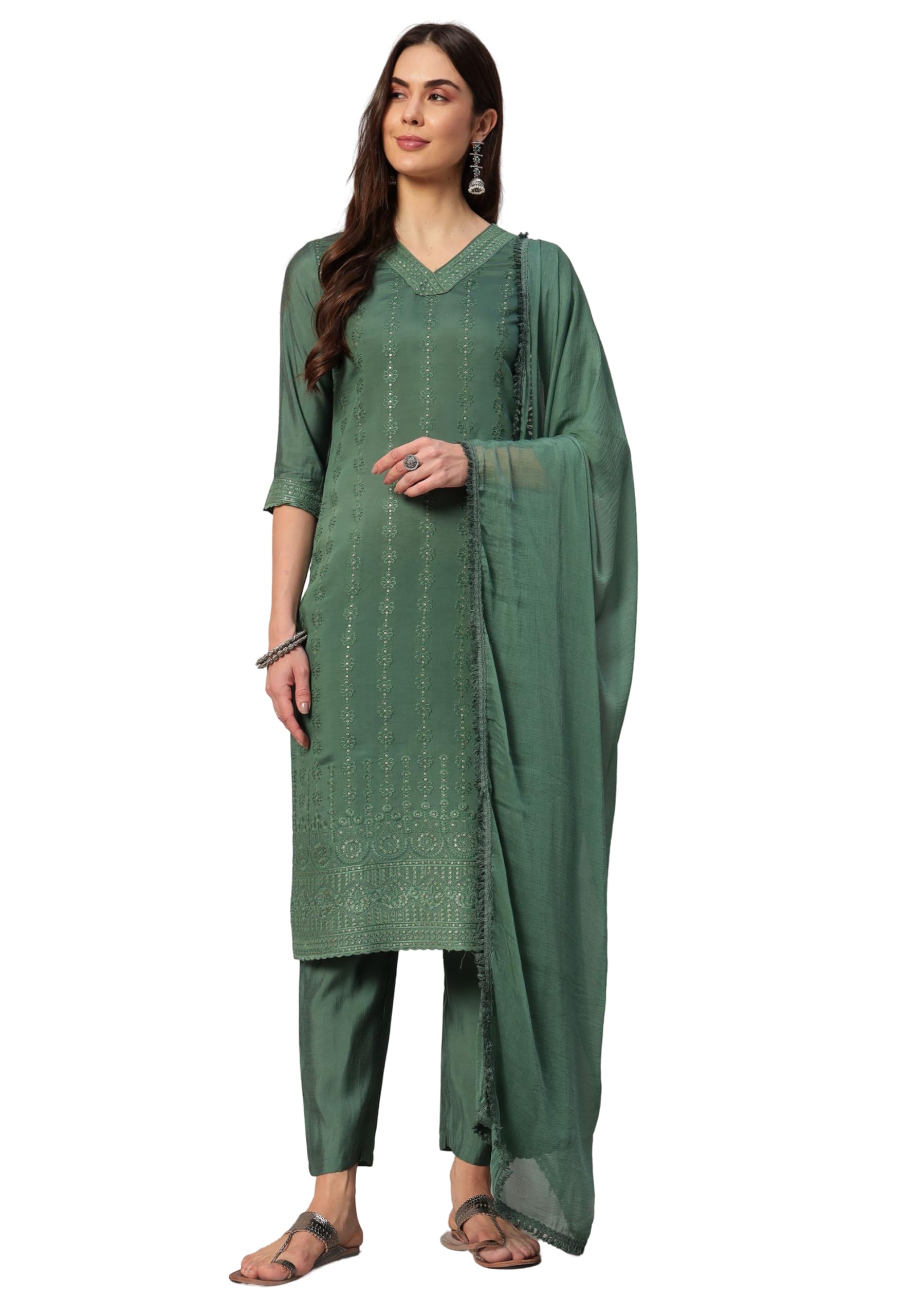shopping queen Women's Silk Blend Chikankari Embroidery Kurta Set with Dupatta-picture-43