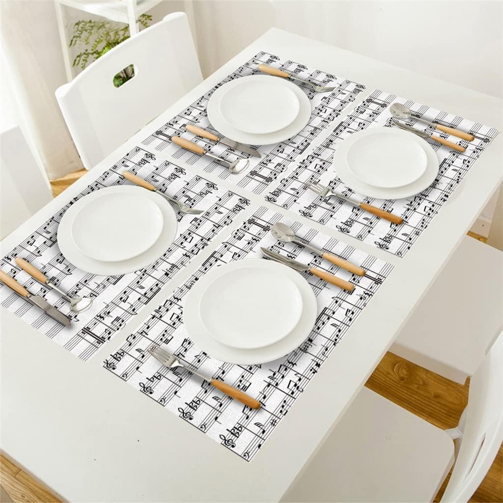 4/6 Pcs Placemat Table Mat Tab Music Note Black White Printed for Tables Linen Cotton Kitchen Dining Pads Placemats Set(6 PCS)