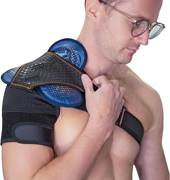 FIGHTECH النحاس غرس الكتف الأسود هدفين مع قابلة لإعادة الاستخدام العلاج الساخن والبارد جل حزمة الكتف هدفين L/X-كبير، أسود
