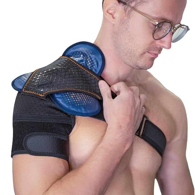 FIGHTECH Copper Infused Black Shoulder Brace with Reusable Hot and Cold Therapy Gel Pack Shoulder Brace L X-Large