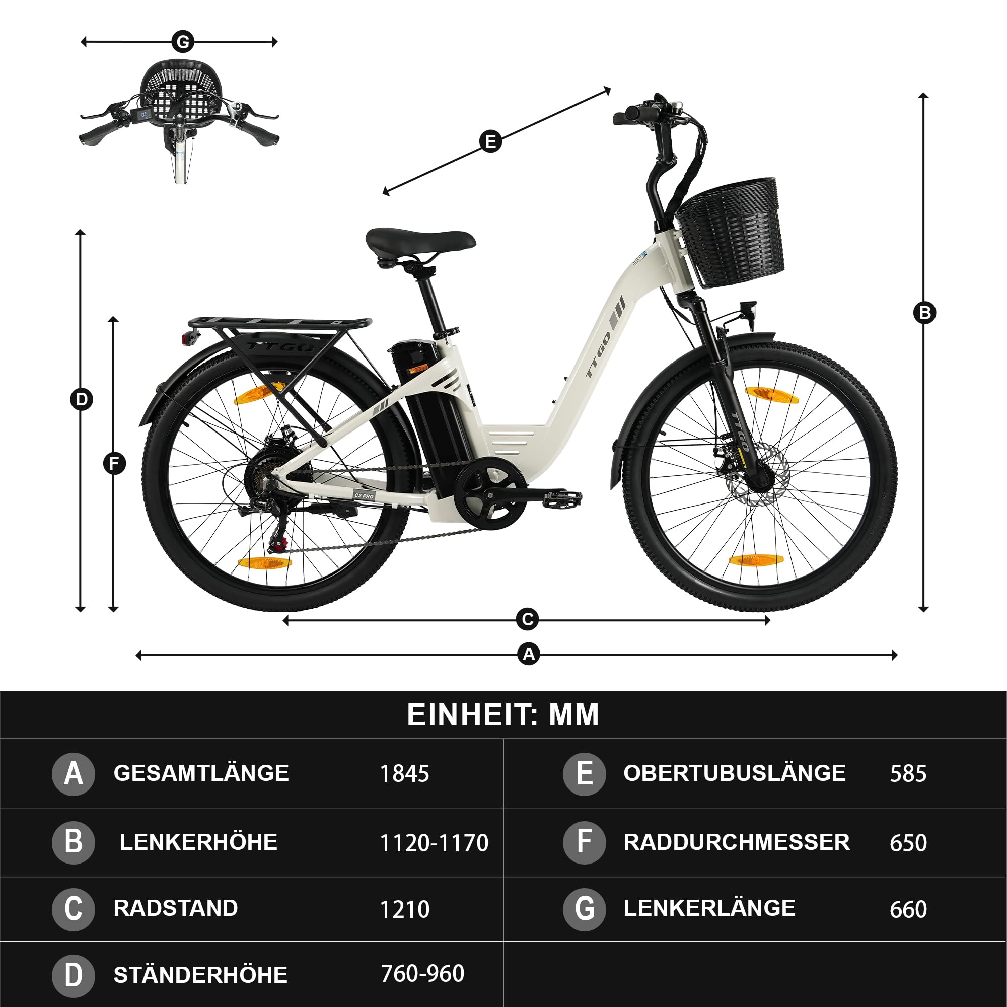 ttgo C2 PRO Vélo électrique 26", vélo de ville, trekking, pedelec avec panier, moteur 250 W 52 Nm, batterie 36 V 18 Ah, portée de 80 à 120 km, dérailleur à 7 vitesses, vélo électrique pour homme et
