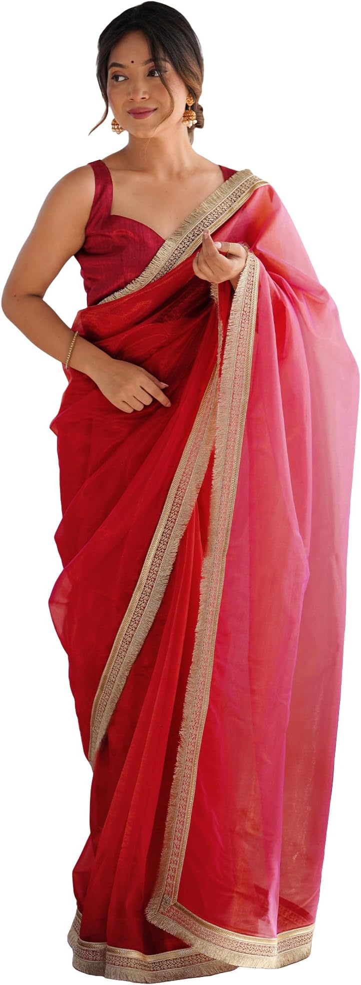 Women's Red Net Solid Saree With Unstitched Blouse Piece (RADHA7006_RX)