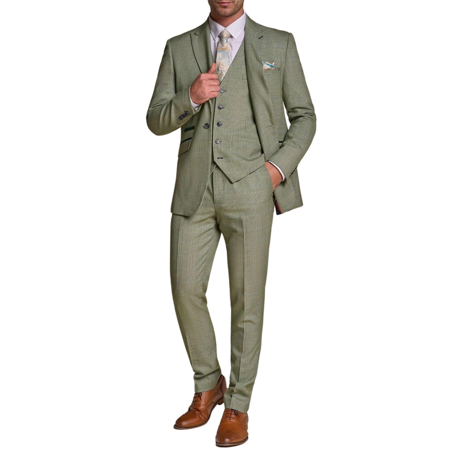 Truclothing Men's Sage Suit Green 3 Piece Checked Tailored Fit Formal Dress - 40
