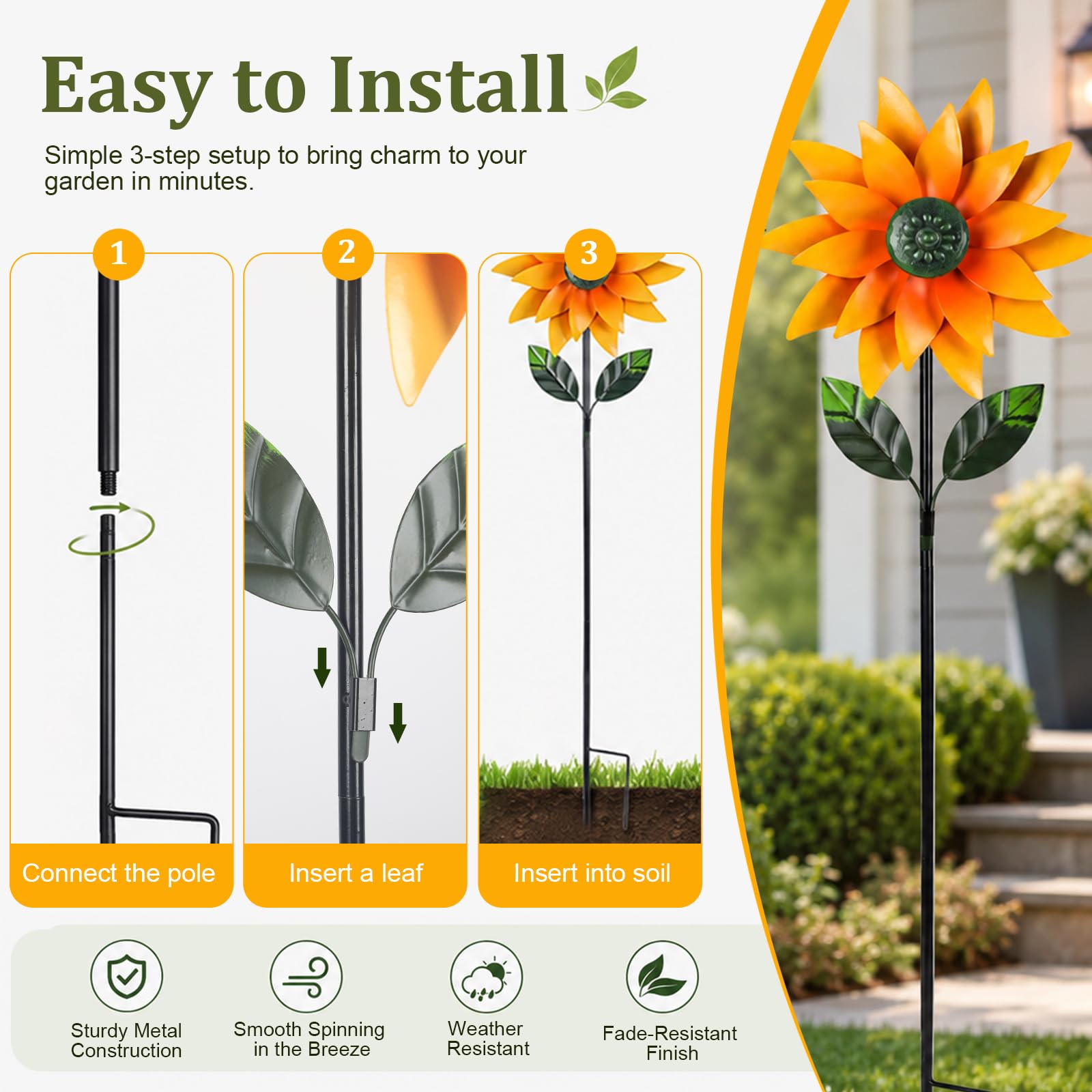 Girandola da Giardino in Metallo, Girandola 3D a Girasole Cinetica, Decorazione da Giardino con Picchetto, 116 cm, Mulino a Vento per Esterno, Prato, Balcone e Terrazza