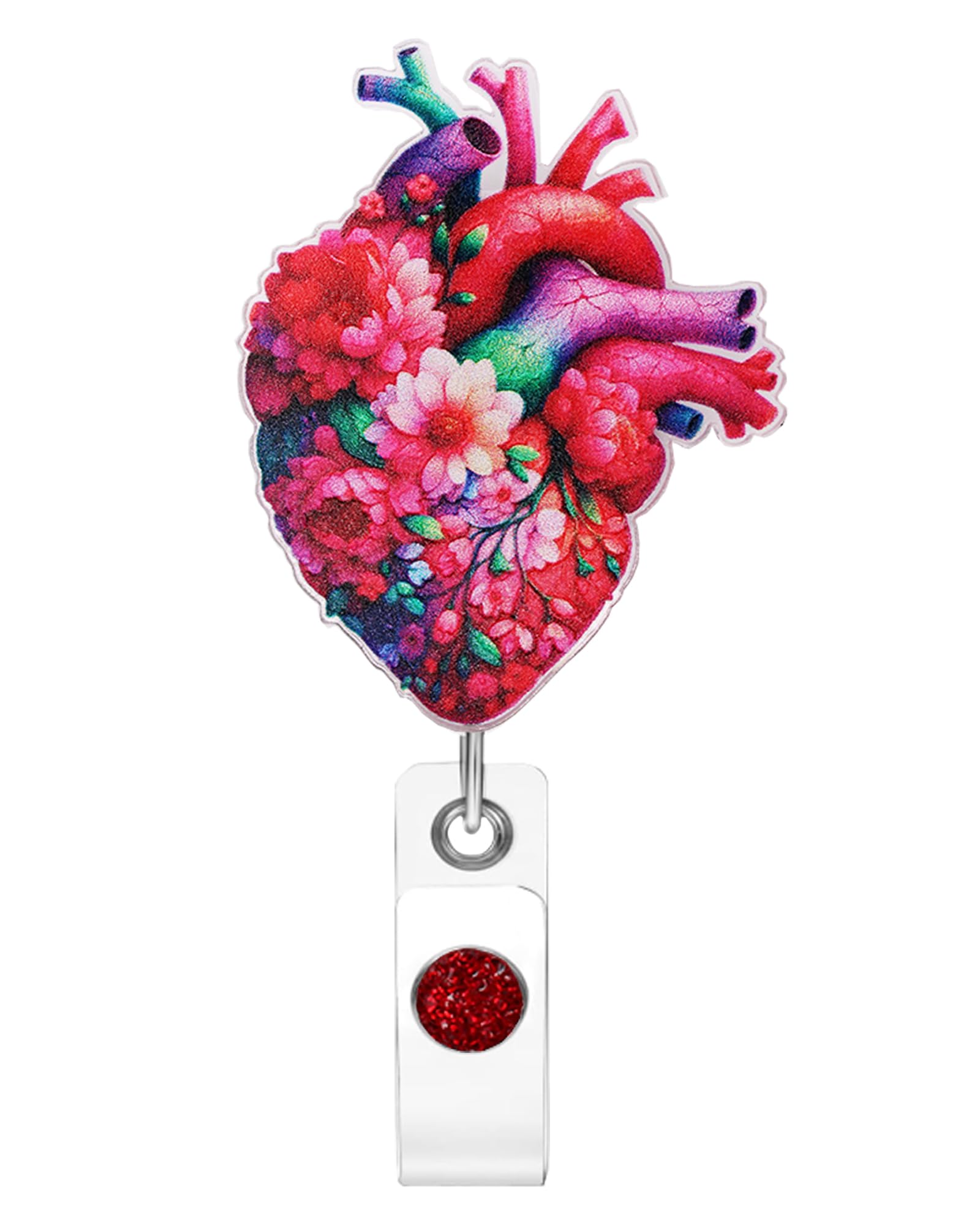 Porte-badge magnétique rétractable – Motif floral anatomique en forme de cœur – Pour infirmières, personnel médical, enseignants et professionnels de bureau (acrylique)