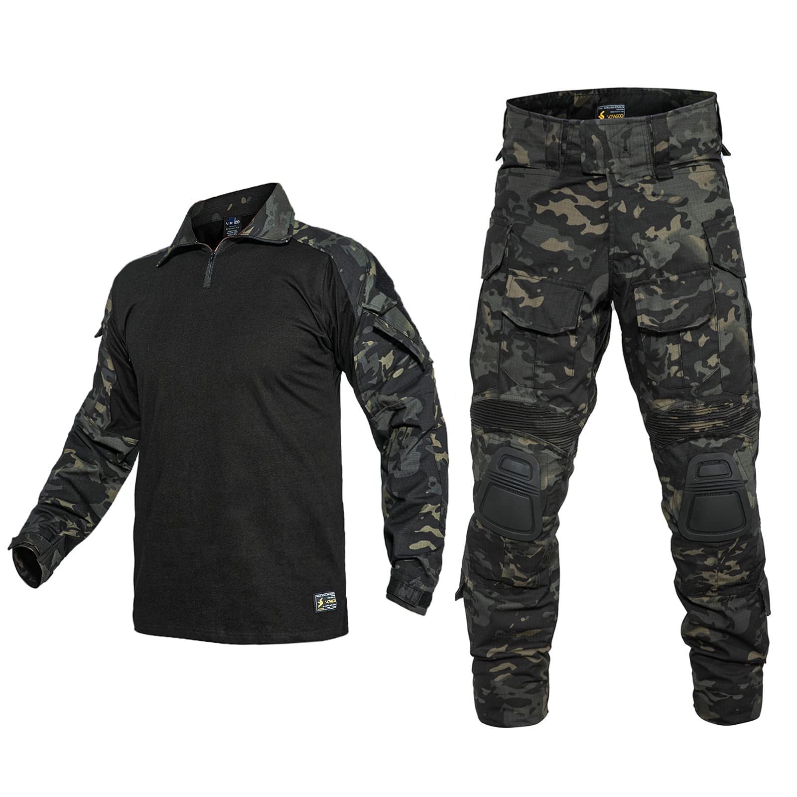 YEVHEV G3 Combat Suit Military Apparel Set Tactical Camouflage Clothing Hunting Uniform Paintball Gear with Knee Pads for Men, Black Camou, S