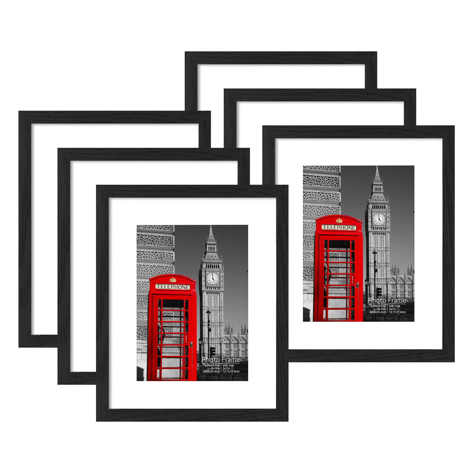 Yeephan Black Wood Wooden 8X10 Photo Frame Black With Perspex Glass Front,10X8 Black Picture Frames With Mat For 5X7 Pictures,Freestanding And Wall Mountable,Pack Of 6