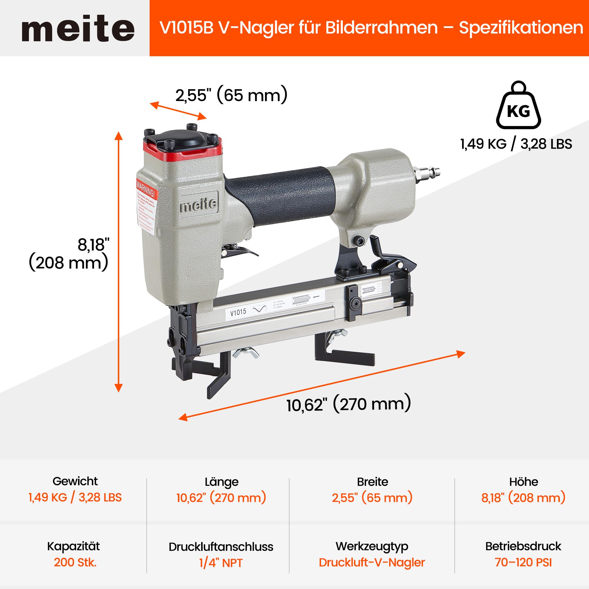 meite V1015B V Nagler für Bilderrahmen, pneumatischer Rahmenverbinder für 7 mm bis 15 mm V-Nägel, 30 Gauge, Holzrahmen-Nagelpistole für Bilderrahmen