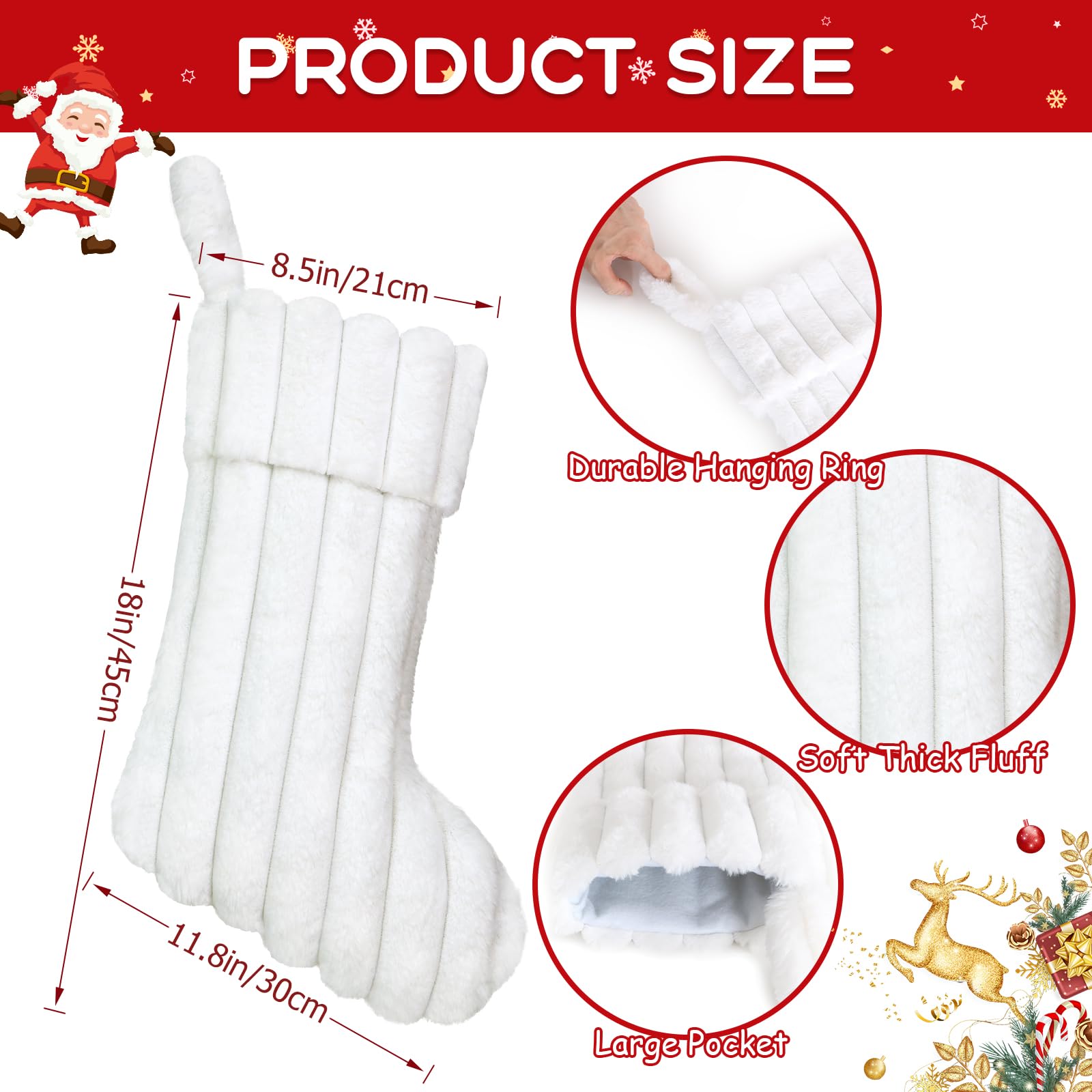 LOMOHOO Lot de 4 chaussettes de Noël en fausse fourrure rayée - 45,7 cm - Grand sac cadeau de Noël à suspendre pour sapin de Noël, cheminée, décoration de fête de famille (blanc)