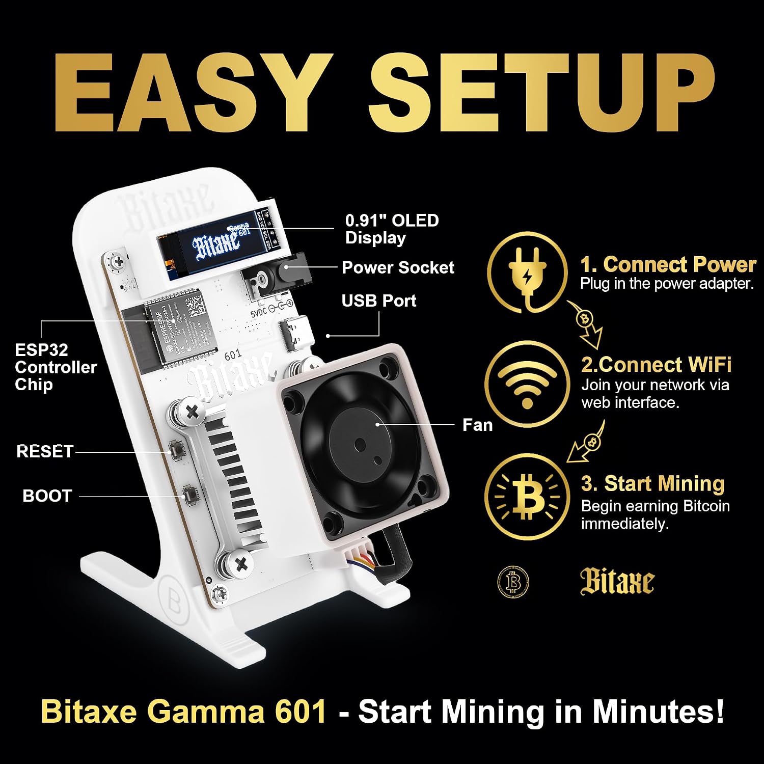 Bitaxe Gamma 601 Bitcoin Miner, Open Source Solo BTC Mining Machine, BM1370 ASIC Chip, 1TH/s - 1.2TH/s SHA-256, 2.4G WiFi, Home Crypto Miner, incl. 5V Power Supply & Stand, AxeOS, White - 5