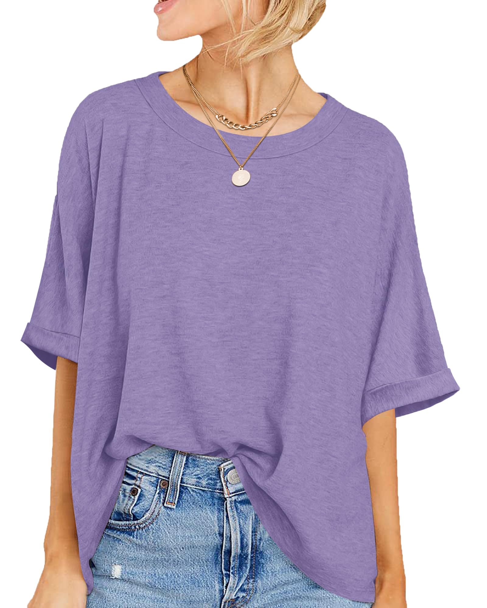 WNEEDU Womens Oversized T Shirts Loose Fit Summer Tops Casual Short Roll Sleeve Crewneck Tunic Shirts 2025 New