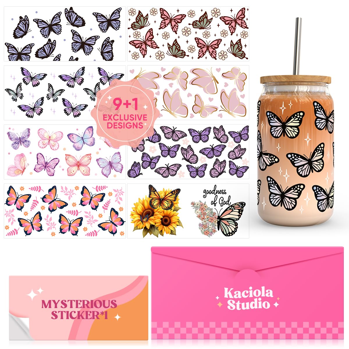 Kaciola 9 Sheets UV DTF Cup Wraps for 16 oz-Butterfly Theme UV DTF Stickers, 1 Sheet Mysterious Pattern Transfer, Rub on Transfers Stickers for 16 oz Libbey Glasses Crafting