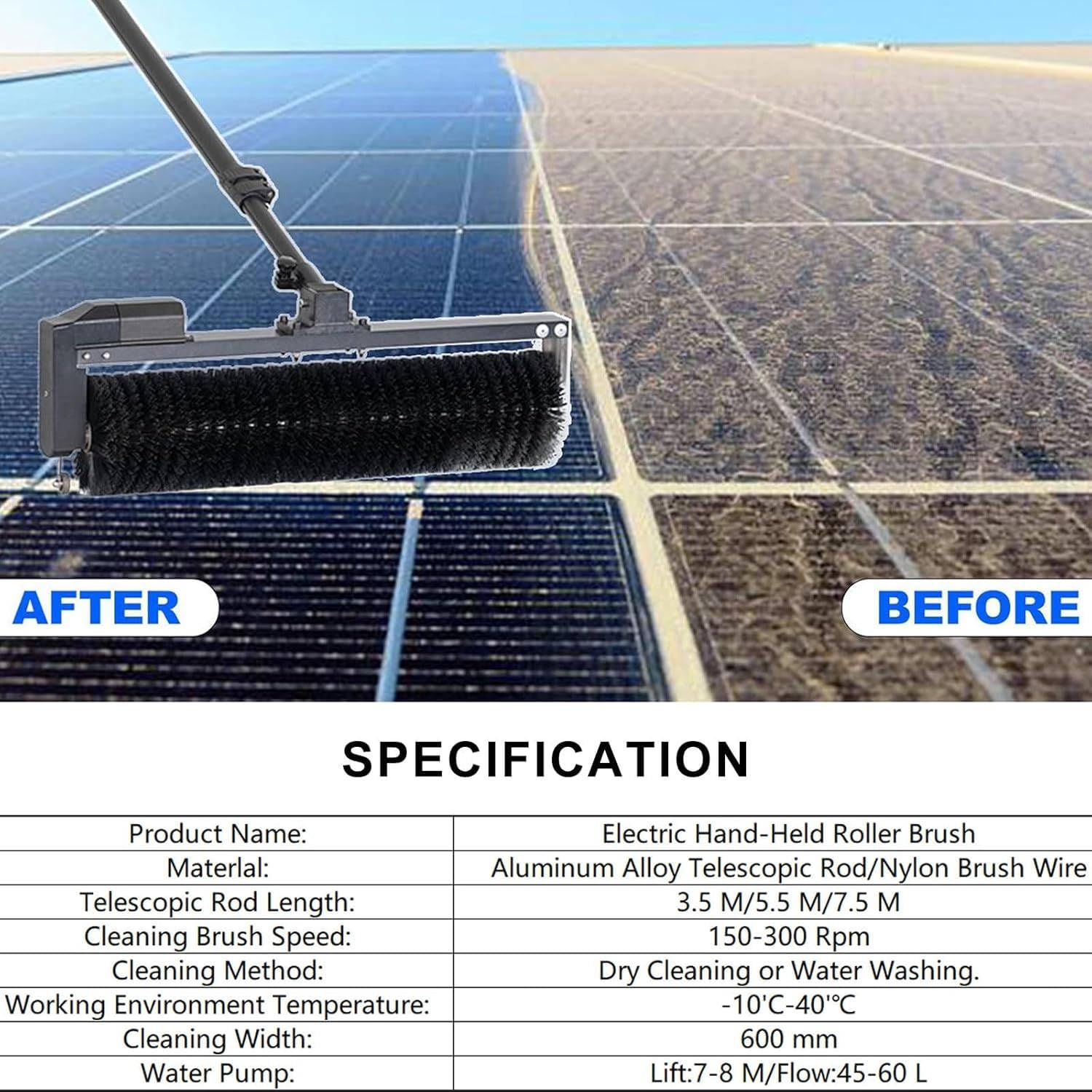 Automatyczna obrotowa szczotka do czyszczenia z regulowanym drążkiem przedłużającym do instalacji solarnych, dachów i okien