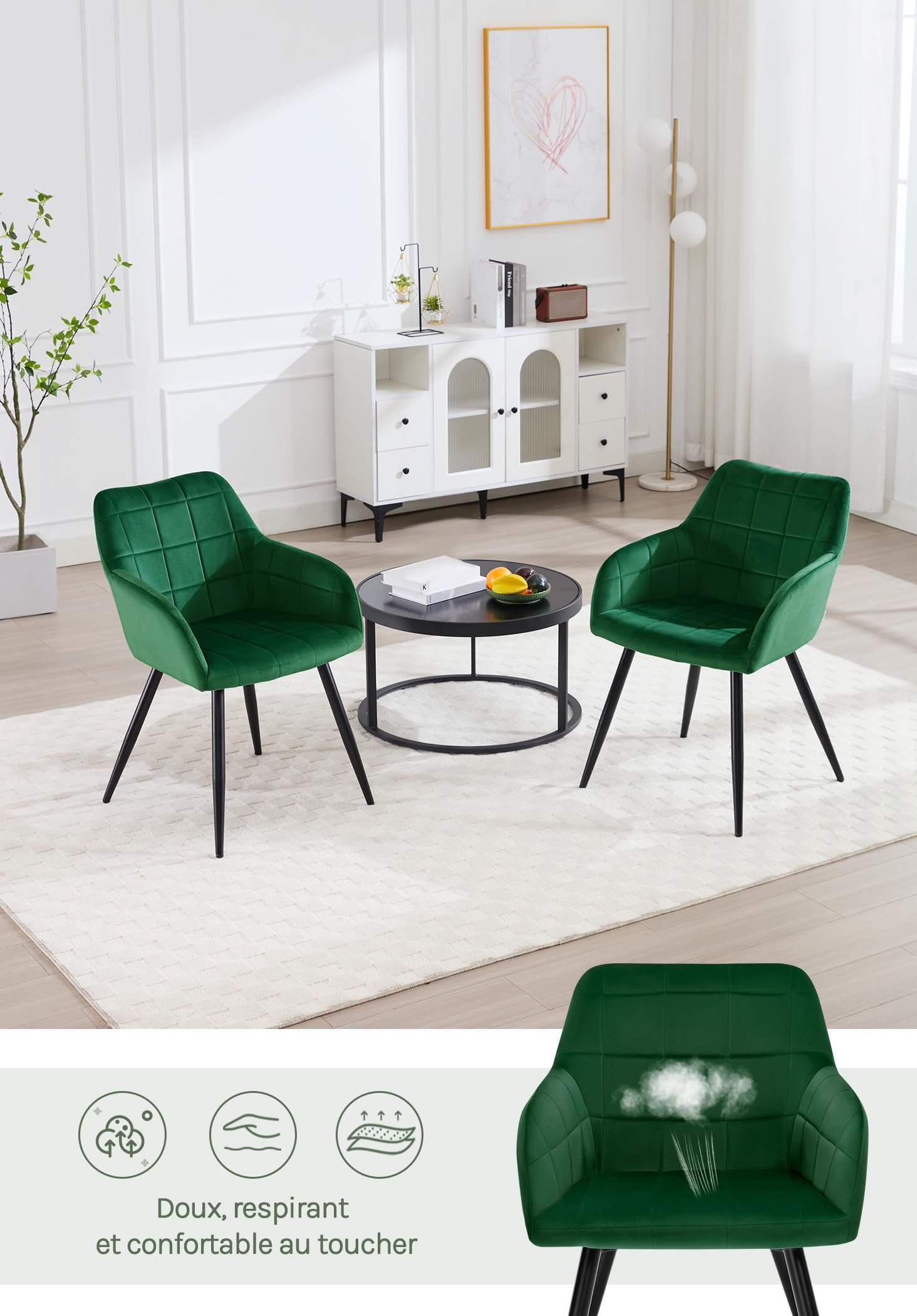 WOLTU Lot de 6 Chaise de Salle à Manger, Chaise de Cuisine rembourrée en Velours, Pied en métal,Vert Foncé.