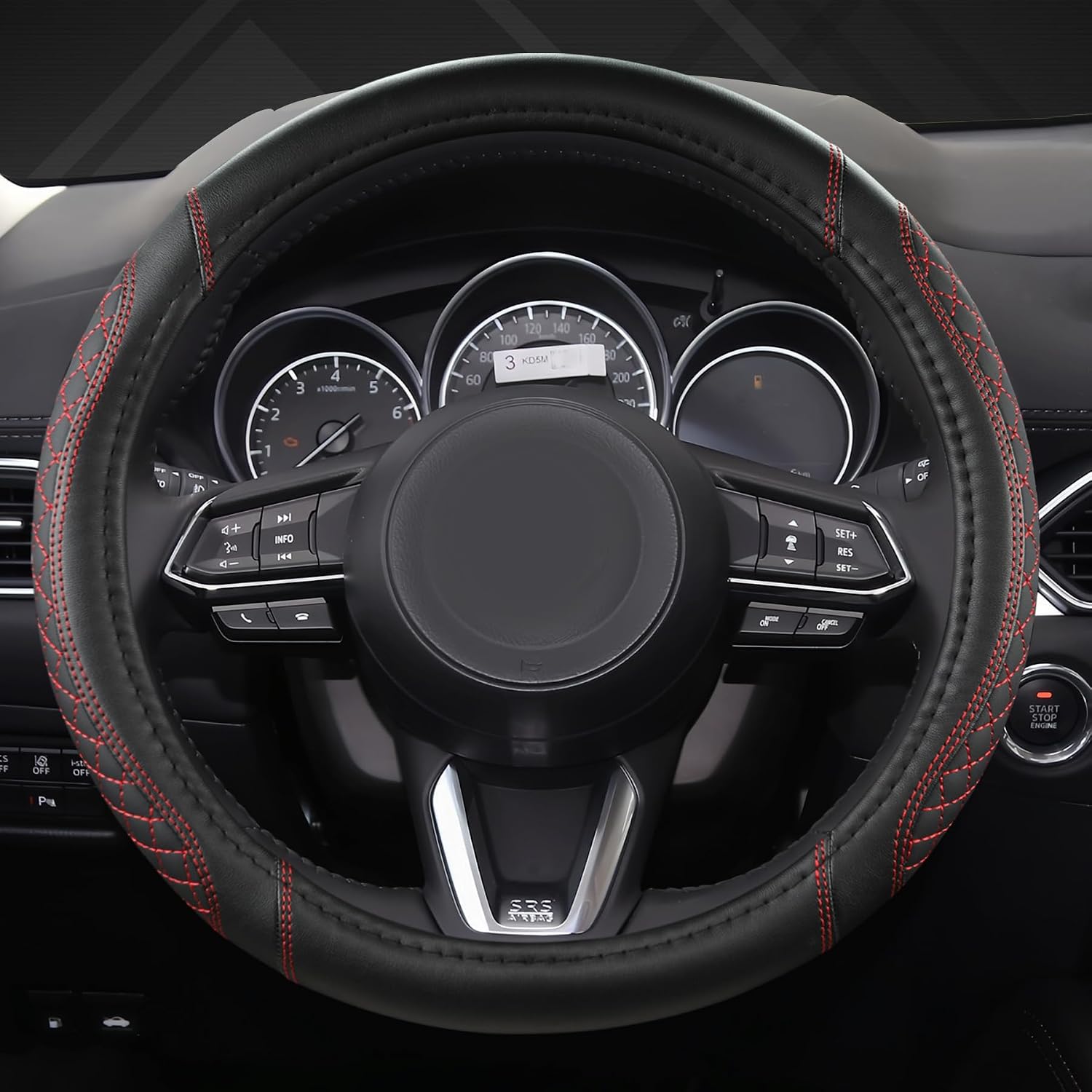 West Llama Car Steering Wheel Cover for Mazda 3,5,6,CX-3,CX-5,CX-30,CX-50,CX9,CX-9,MX-5 Miata,CX-7,RX-8,14.5-15 inches(Diamond Quilted-Black+Red-Standard Size)