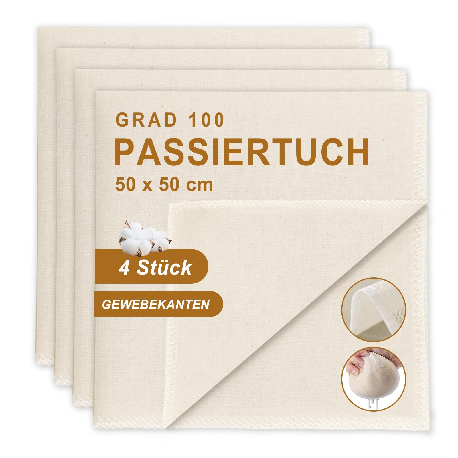 Quelcc 4 Stück Passiertuch, 50 x 50cm käsetuch und Knödeltuch,klassische feingewebte Tücher, für die Herstellung von Käse, Saft, Tee, Nussmilch, Suppe, Joghurt, Tofu