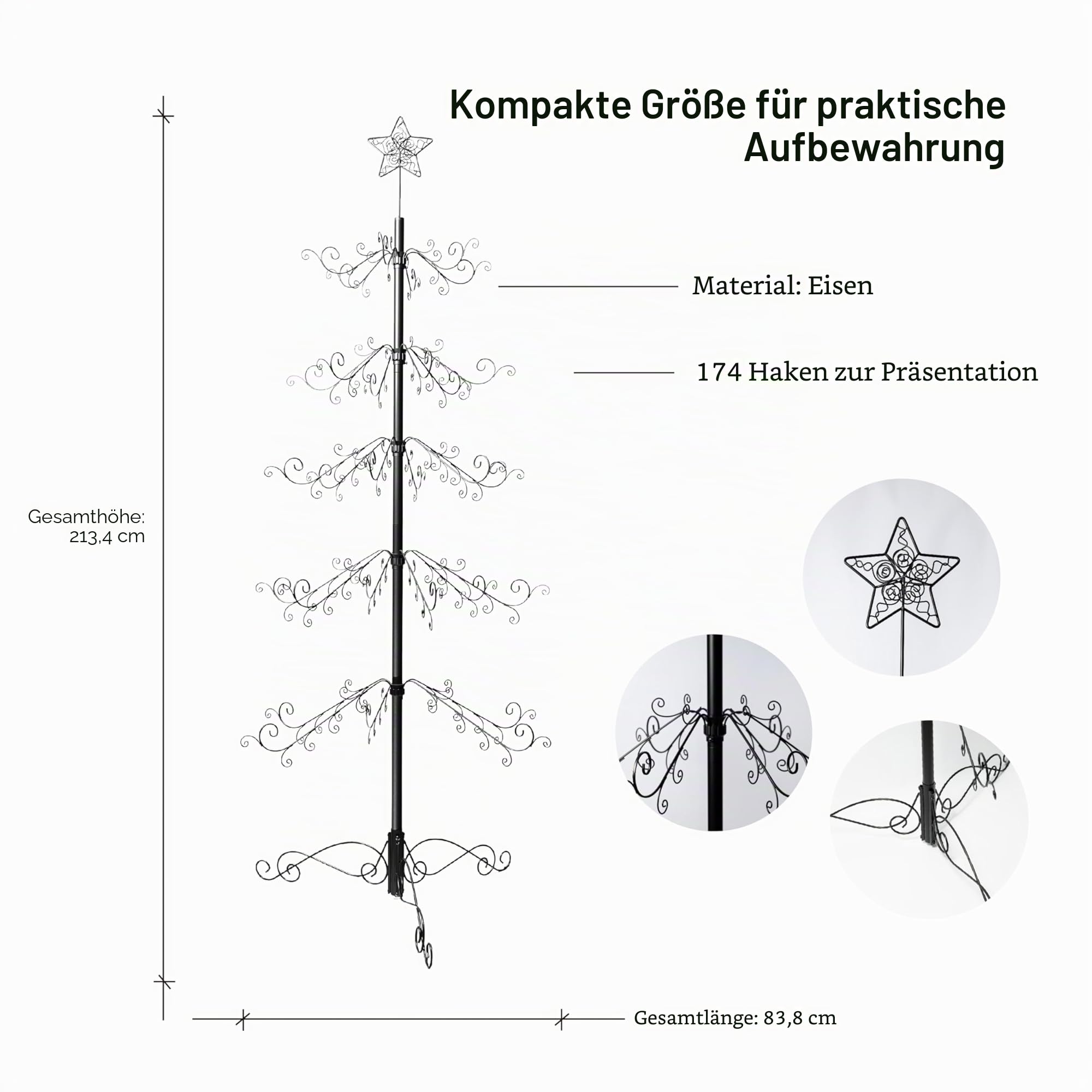 HOHIYA Metall Weihnachtsbaum 196 cm Schwarz Kugelhalter Modern | Moderne alternative Tannenbaum-Dekoration für Kugeln, Kristalle und festliche Innenraumgestaltung ohne Nadeln oder Pflege.