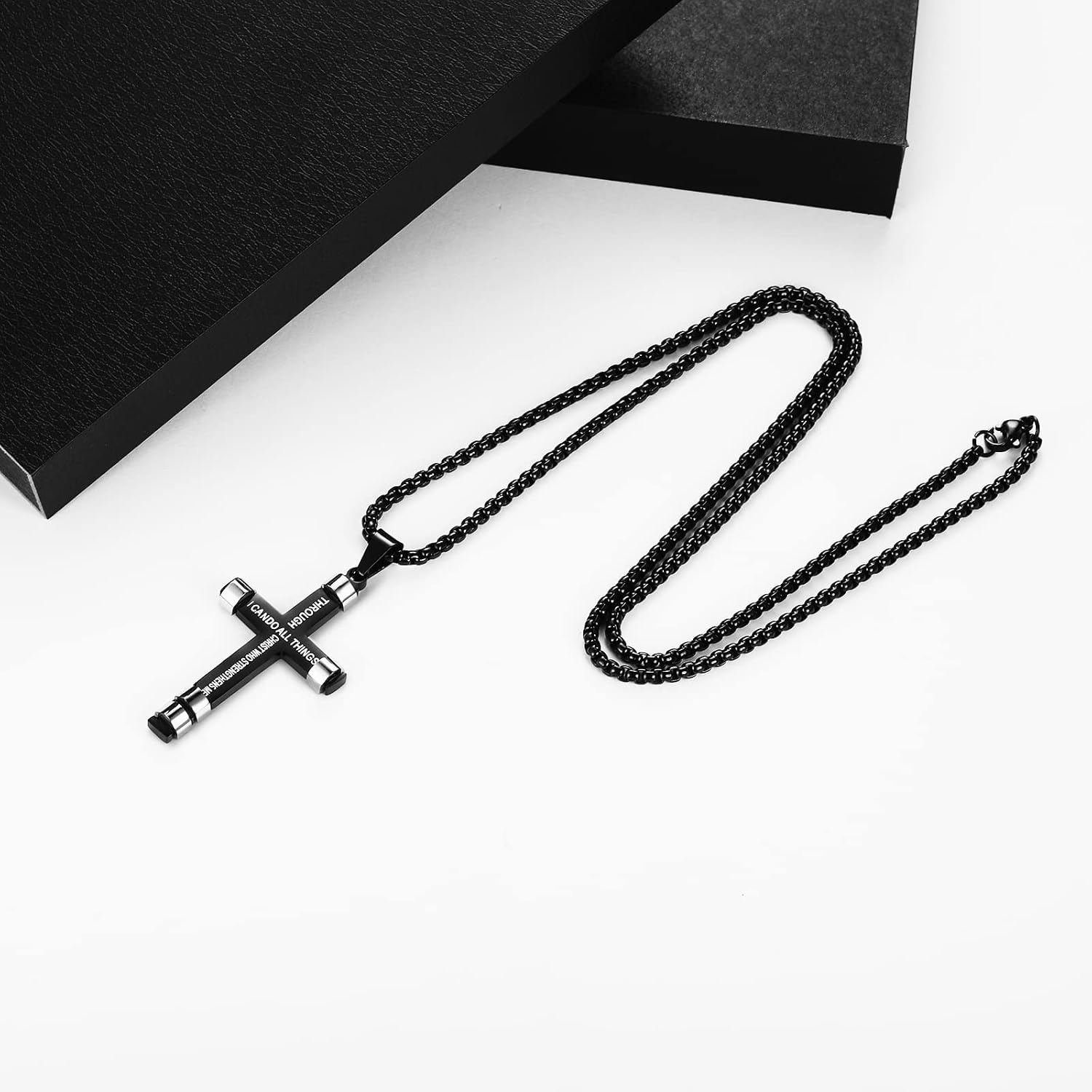 ZRAY Philippians 4:13 Cross Necklace for Men Strength Bible Verse I CAN DO ALL THINGS Pendant Stainless Steel Chain Meaningful Jewelry Gift for Boy