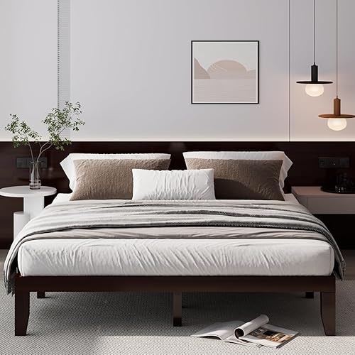 Miniatura 71 de Giantex Base de cama de plataforma de madera matrimonial de 14 pulgadas, base de colchón de estilo minimalista con madera de goma maciza, soporte de