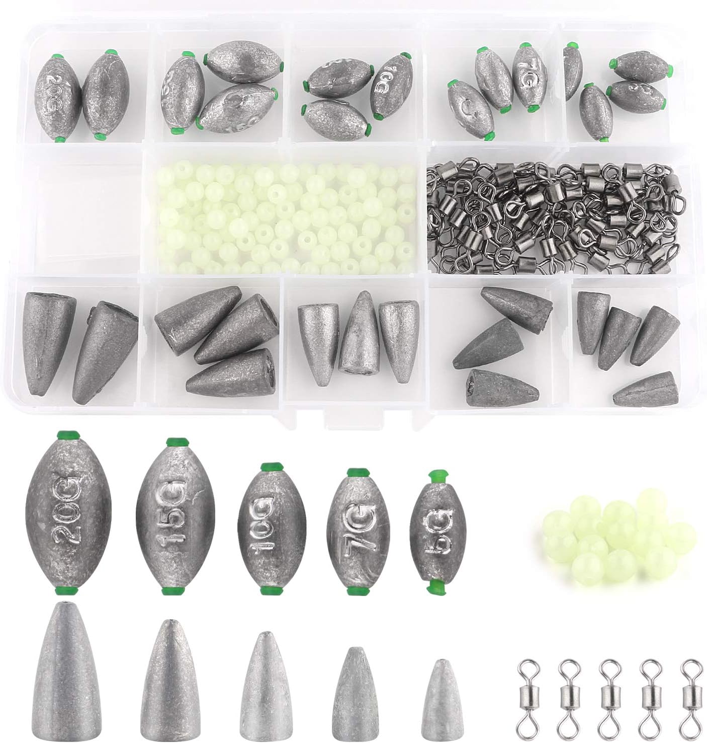 HuoBi 130 PCS Fishing Sinkers Set Fishing Weights with Luminous Beads Fishing Rolling Swivel Luya Fishing Pendant Set Fish Casting Tool Tackle Accessory For Outdoor Sea Fishing