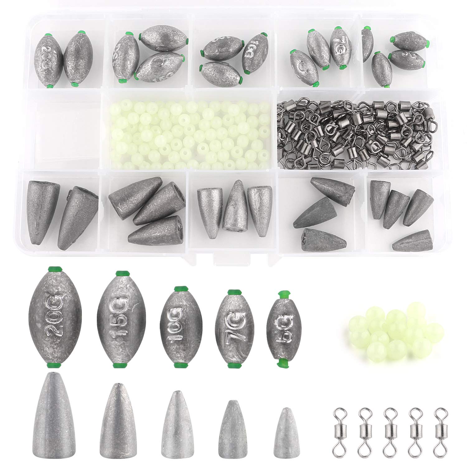 HuoBi 130 PCS Fishing Sinkers Set Fishing Weights with Luminous Beads Fishing Rolling Swivel Luya Fishing Pendant Set Fish Casting Tool Tackle Accessory For Outdoor Sea Fishing