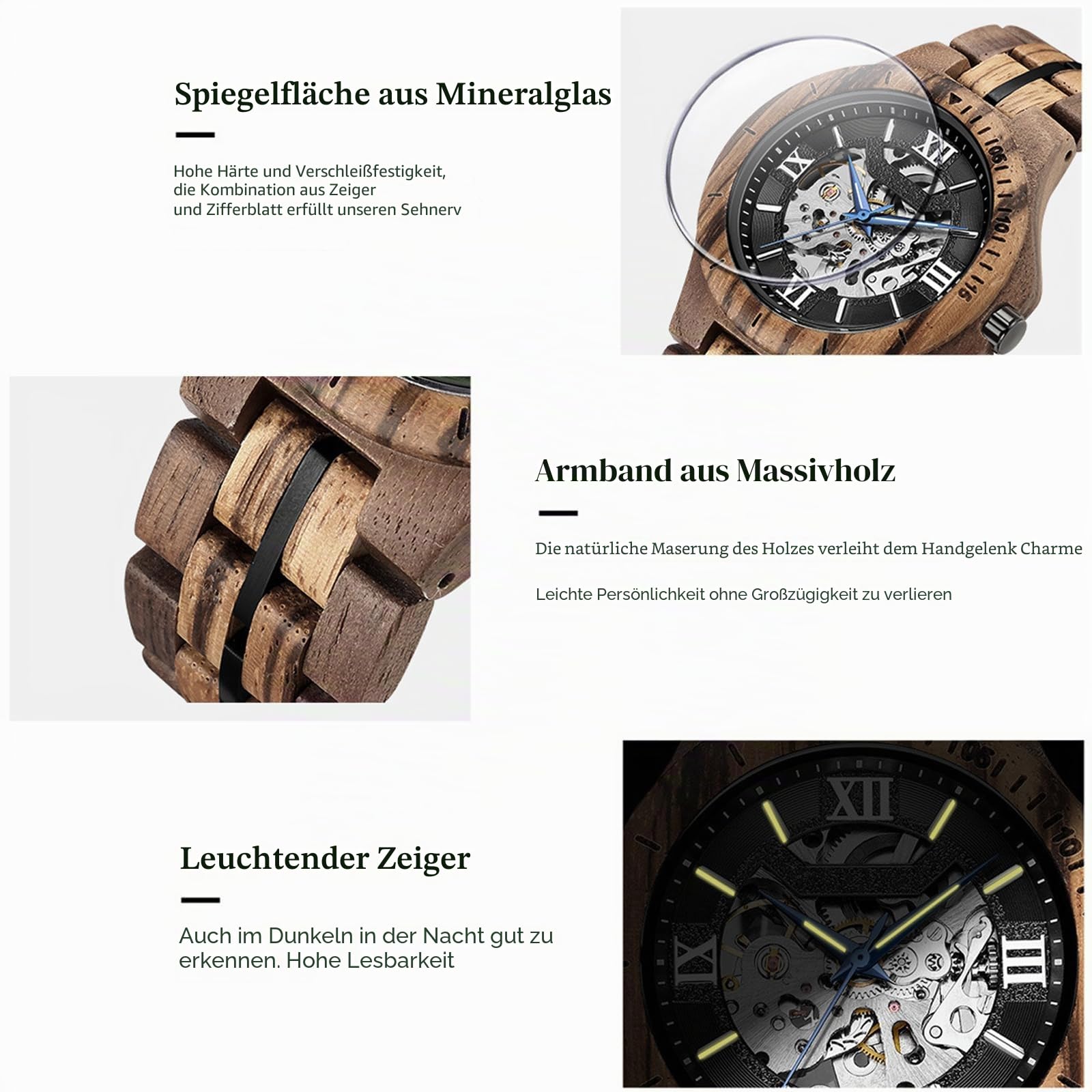 FORSINING Herren-Armbanduhr, modisches, klassisches Holz-Design, automatisches Skelett-Armbanduhr, mechanisch, leuchtend, wasserdicht