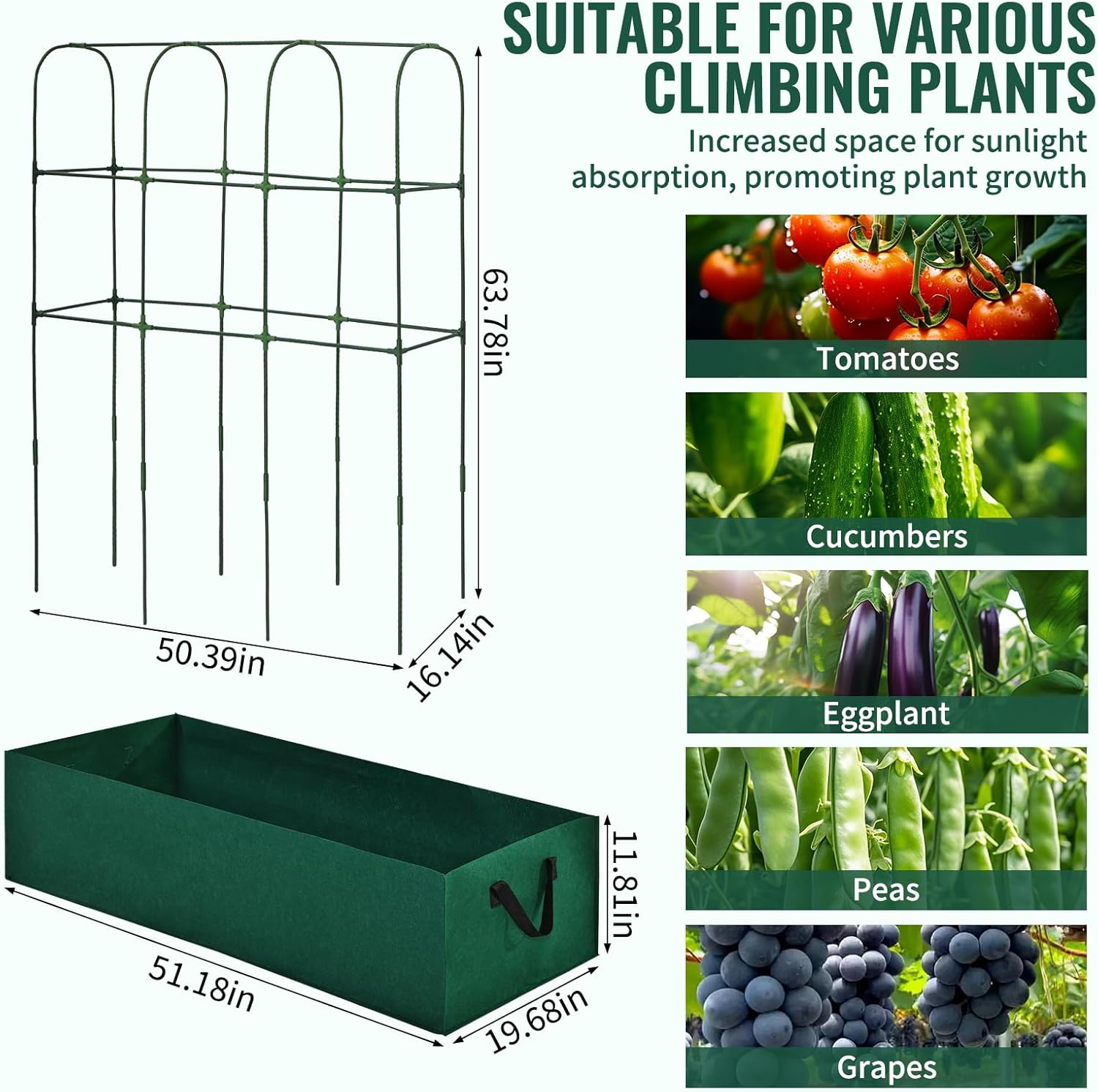 Cucumber Trellis with Raised Garden Bed Metal U-Frame Plant Support with Grow Bags and Climbing Net Garden Trellis for Climbing Plants Cucumber Vegetable Tomato Grape Pea, 50.4 × 17.7 × 51.2 Inch