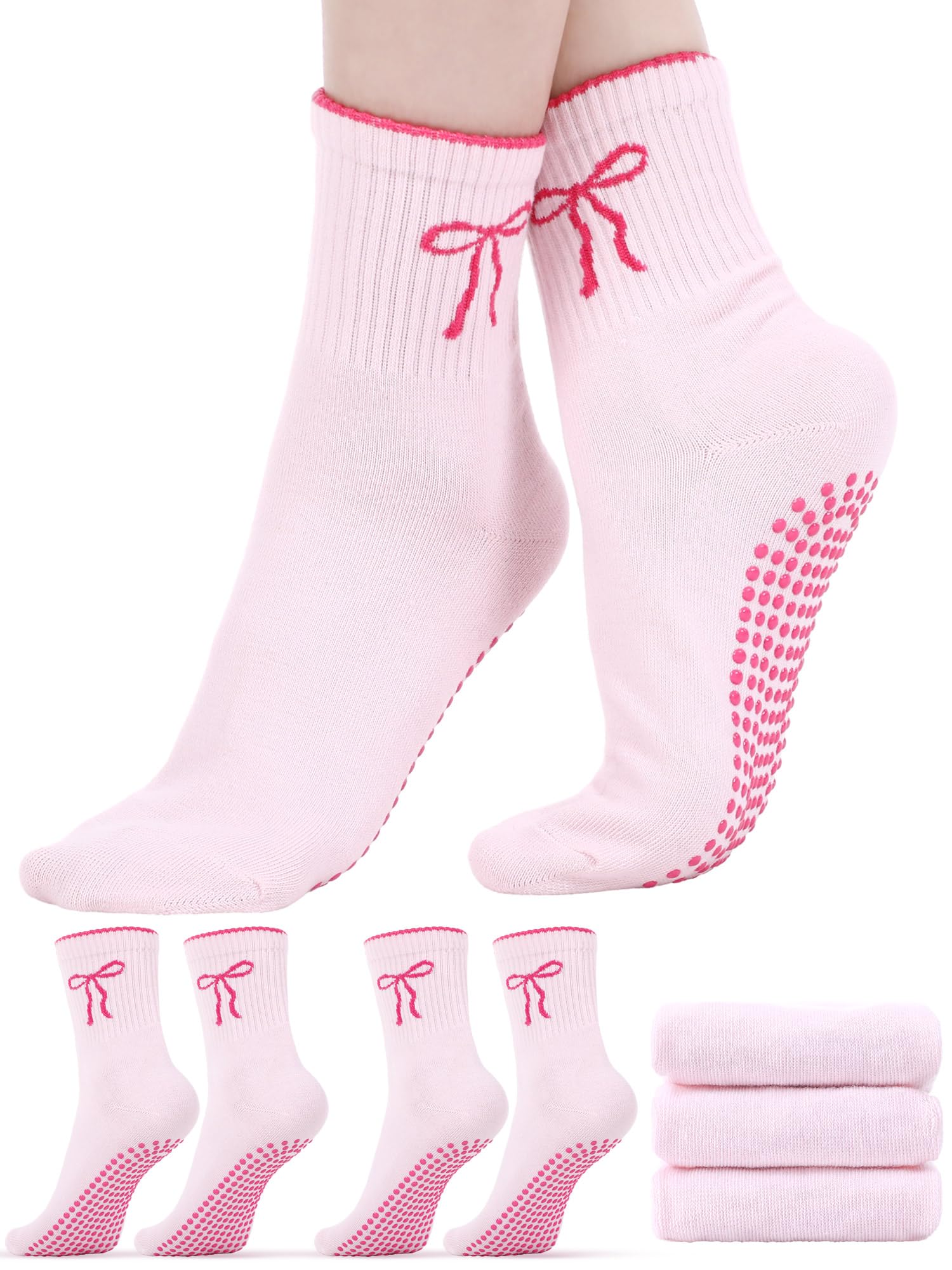 3 Pairs Cute Pilates Sock with Grips for Women Cotton Non Slip Yoga Crew Grippy Sock Christmas Workout