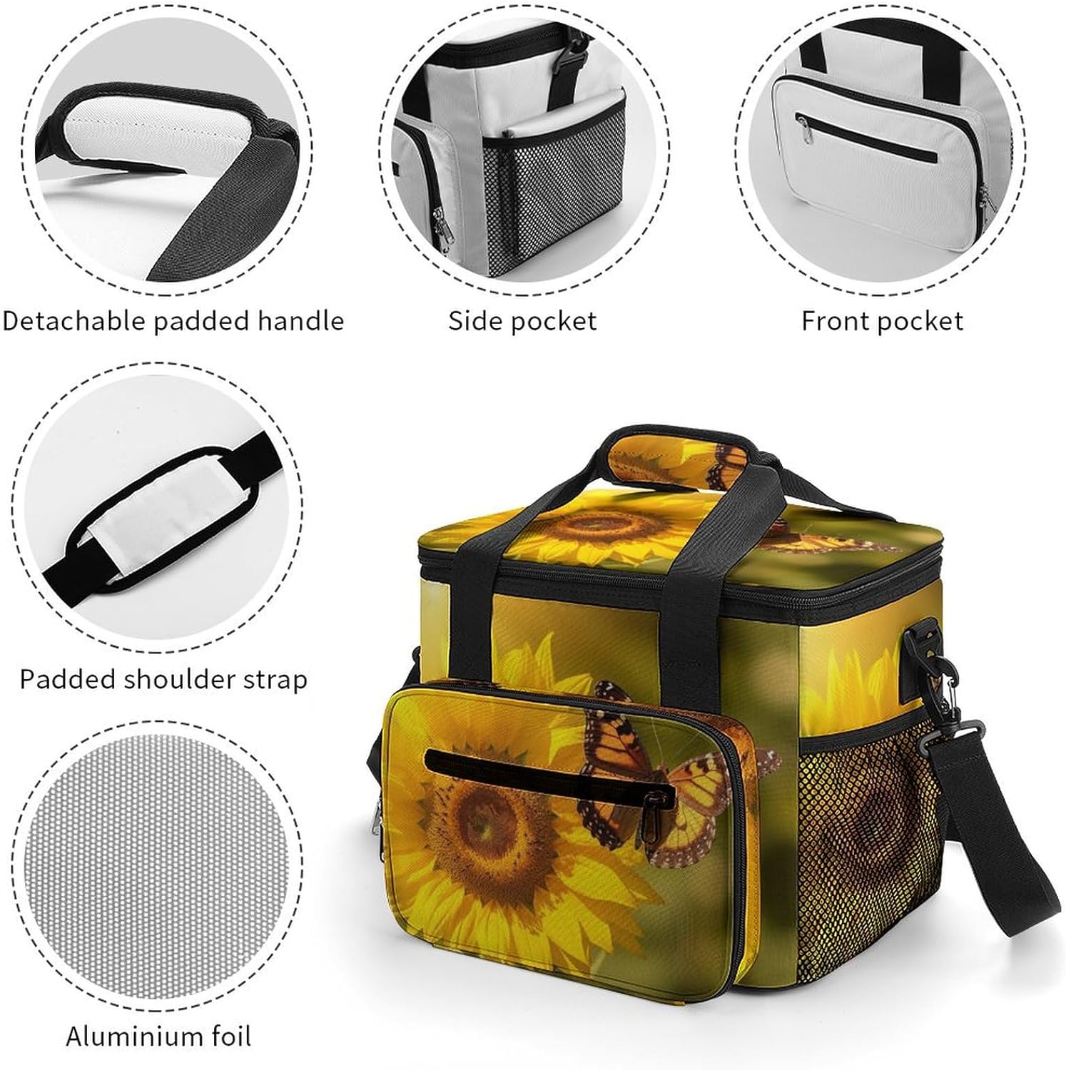 Large-Capacity Oxford Cloth Sunflower Butterfly Sunny Printed Camping Ice Bag, Outdoor Portable Insulation and Cold Storage Bag, Enjoy A Cool Camping Time