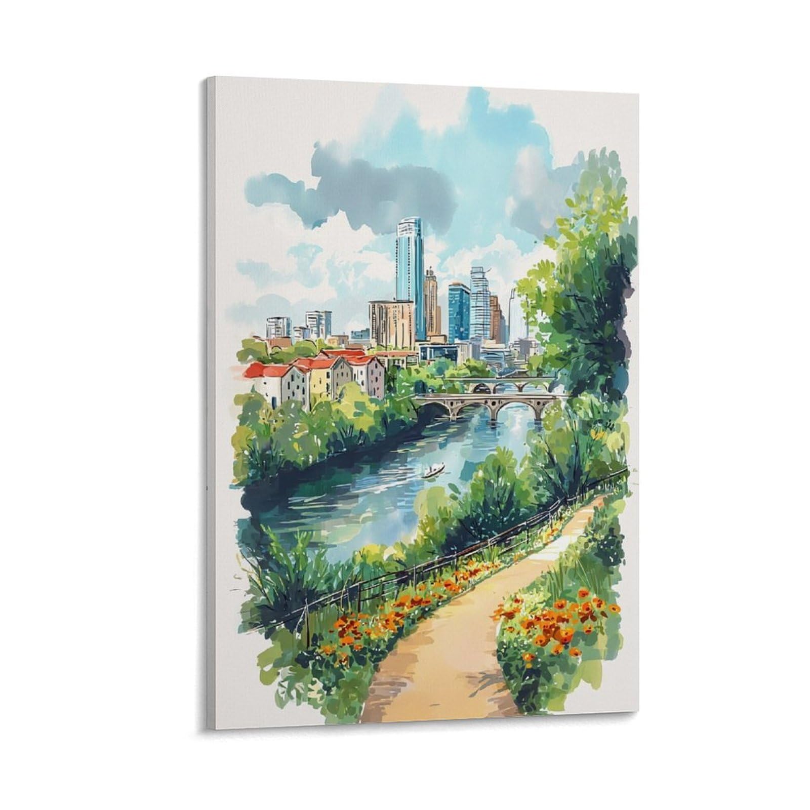 LCYNNH Austin Texas Skyline Watercolor Print Travel Posters 24x36inch(60x90cm) Print Home Bedroom Office Living Room Decor Canvas