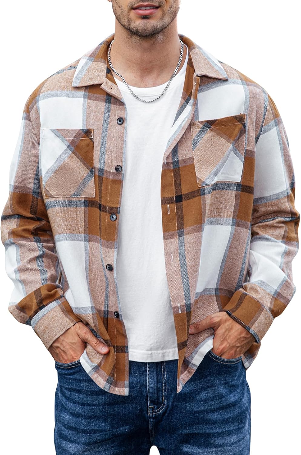 LIFROWI Mens Plaid Shirt Long Sleeve Button Down Shirt Casual Cotton Fashion Lightweight Shirts with Pockets