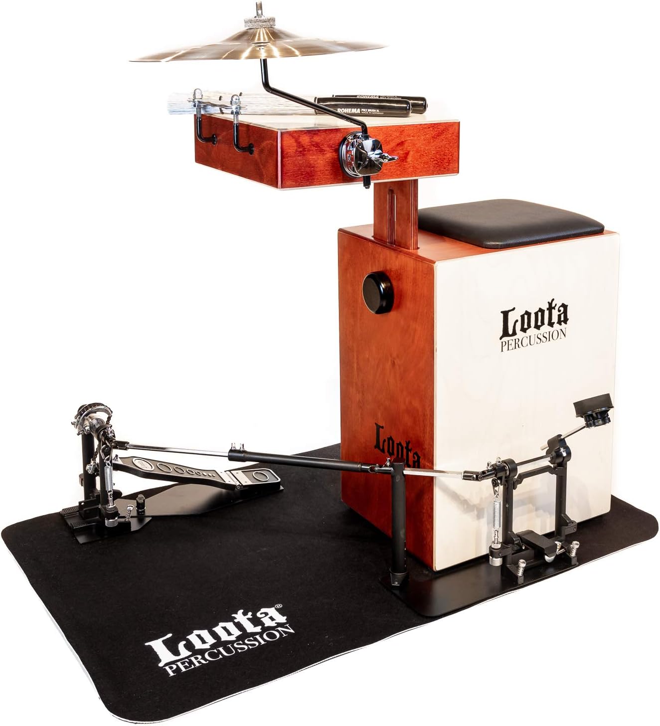 Loota Percussion from Finland. Unique Cajón-style, Birch Wood Complete Percussionist Set with Bass, Snare & Crasher plus Pedal, Cymbal, Brushes and Non-slip Mat. Designed in Finland. (Wild Cherry)