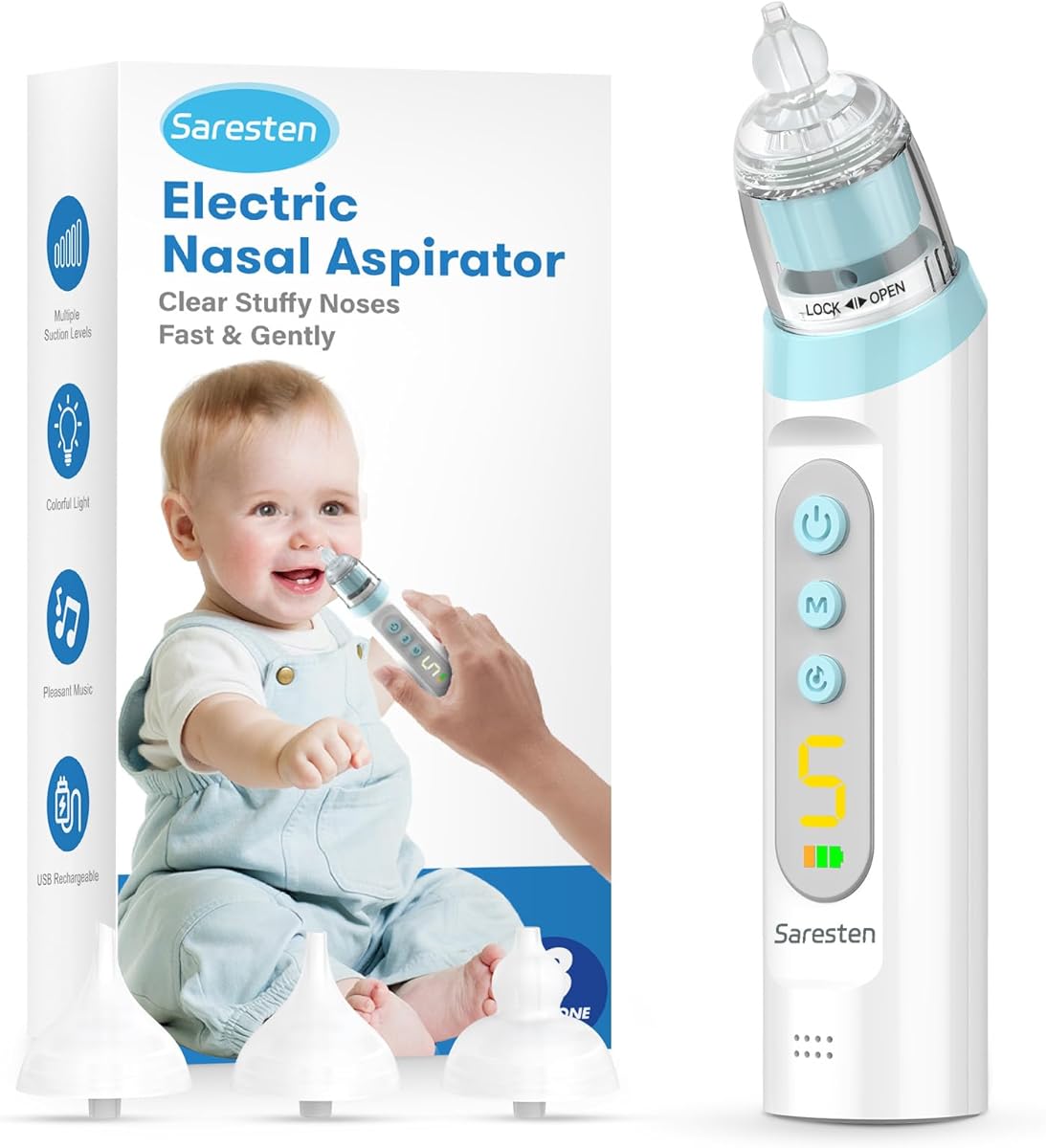 Nasal Aspirator for Baby,Rechargeable Nose Sucker for Baby,Baby Nasal Aspirator with 3 Silicone Tips,Adjustable Suction ,Waterproof Booger Sucker for Baby with Music and Light Function,Blue