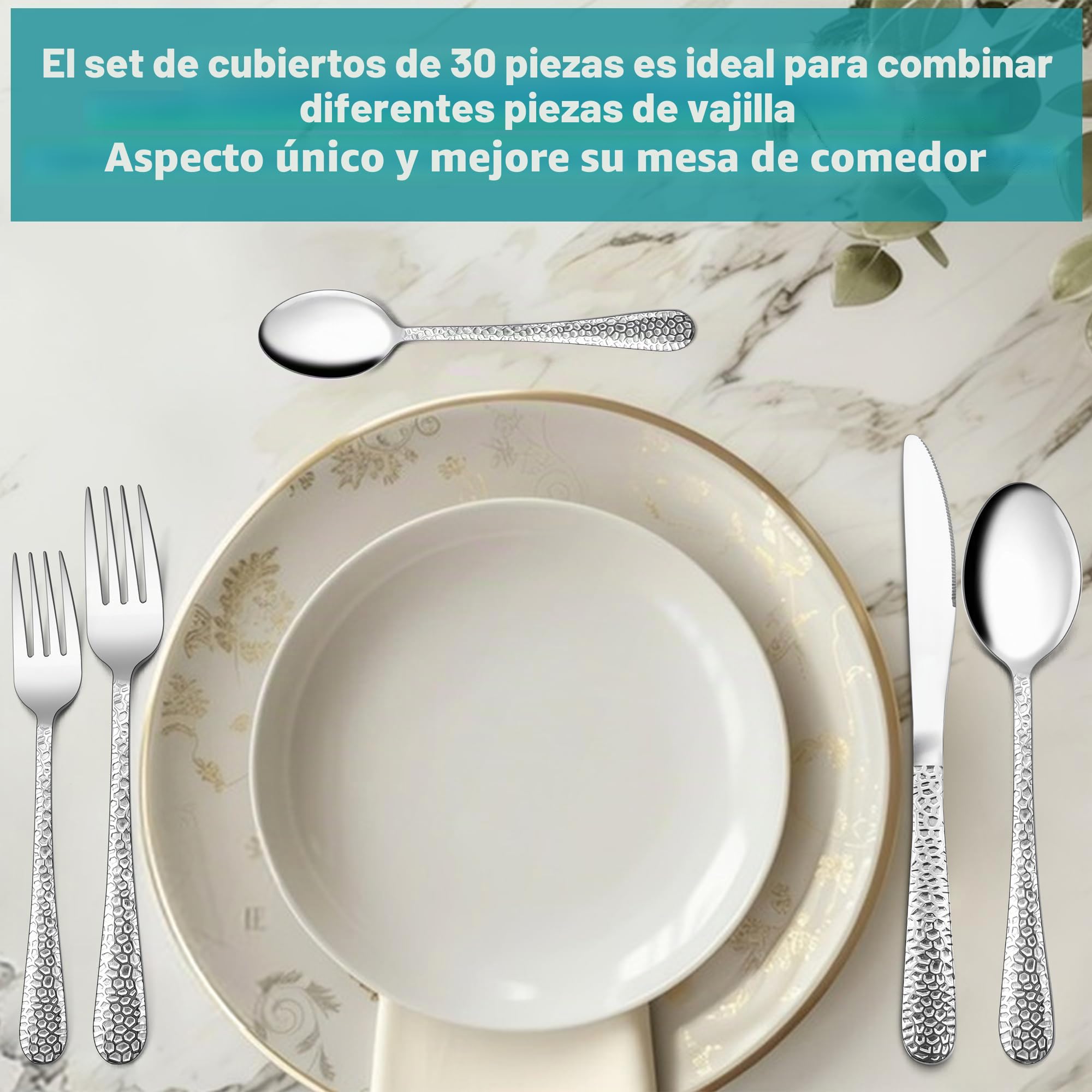 Homikit Juego de cubertería de 60 piezas para 12 personas, cubiertos de acero inoxidable martillados, cubiertos con cuchillo, tenedor, cuchara para familia, fiestas, restaurantes, mango redondo y apto