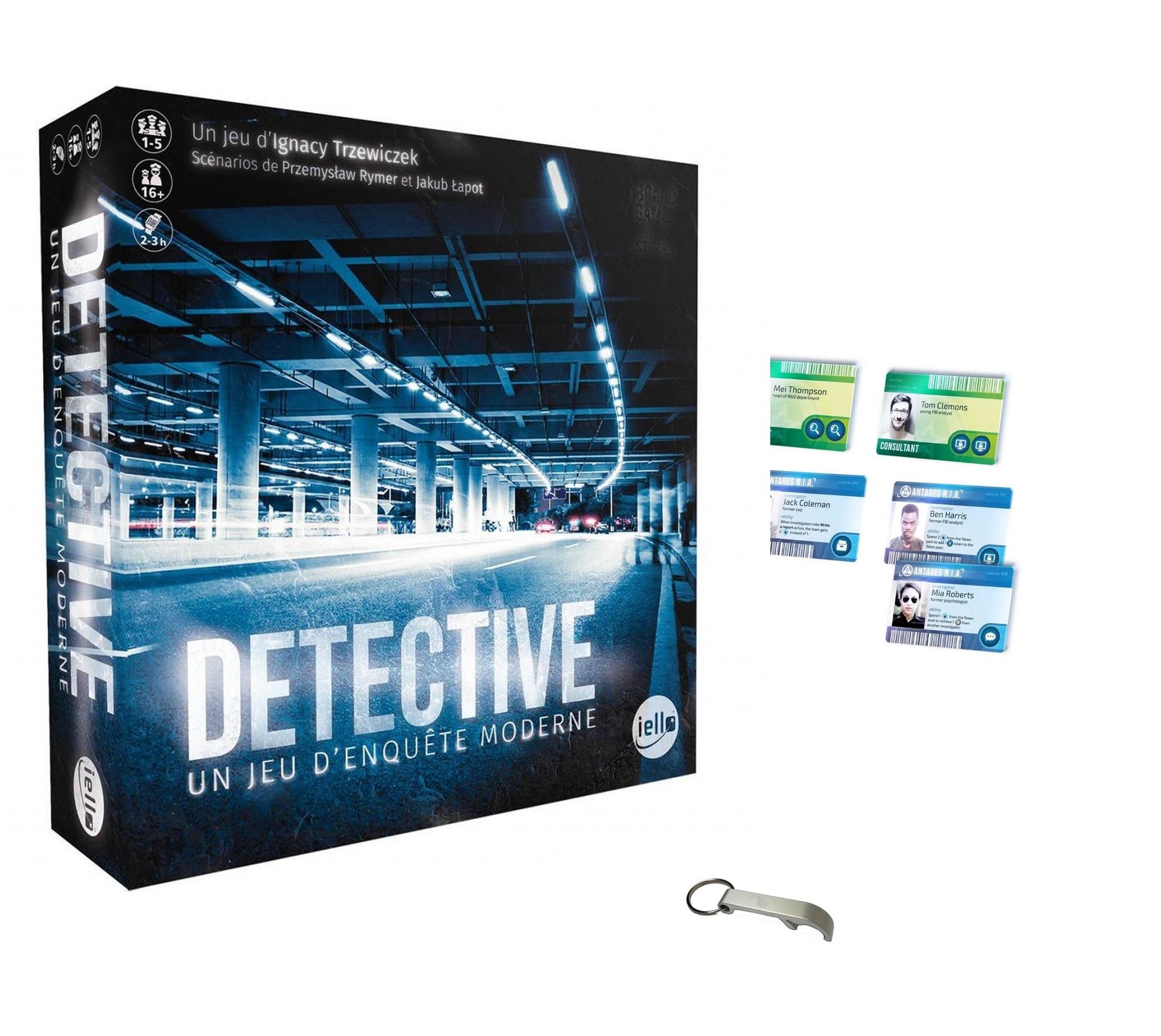 French Detective Game Set + Case 6 Suburban + 6 Character Cards + 1 Blumie Bottle Opener